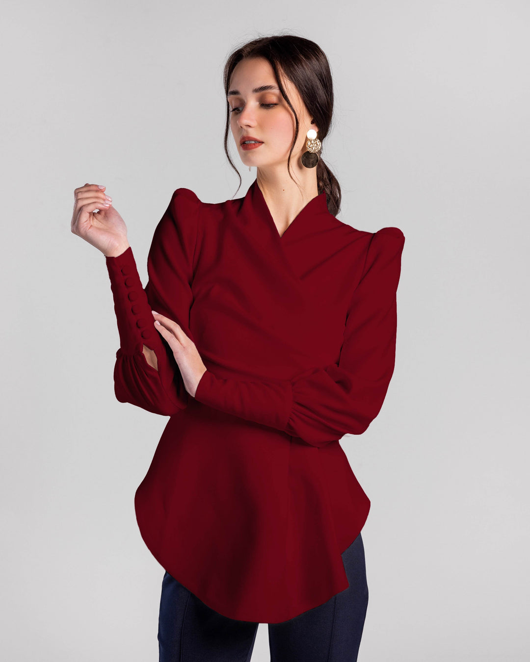 Crimson Cascade Button-Sleeve Blouse - MOONMAINS EGY