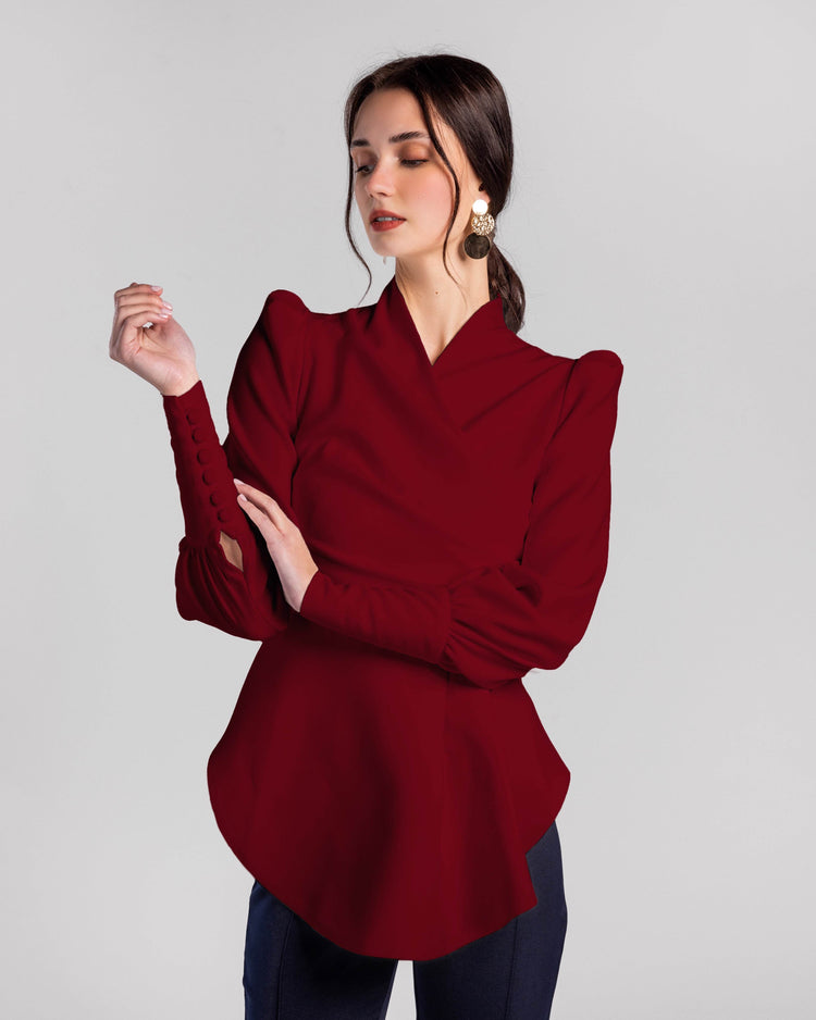 Crimson Cascade Button-Sleeve Blouse - MOONMAINS EGY