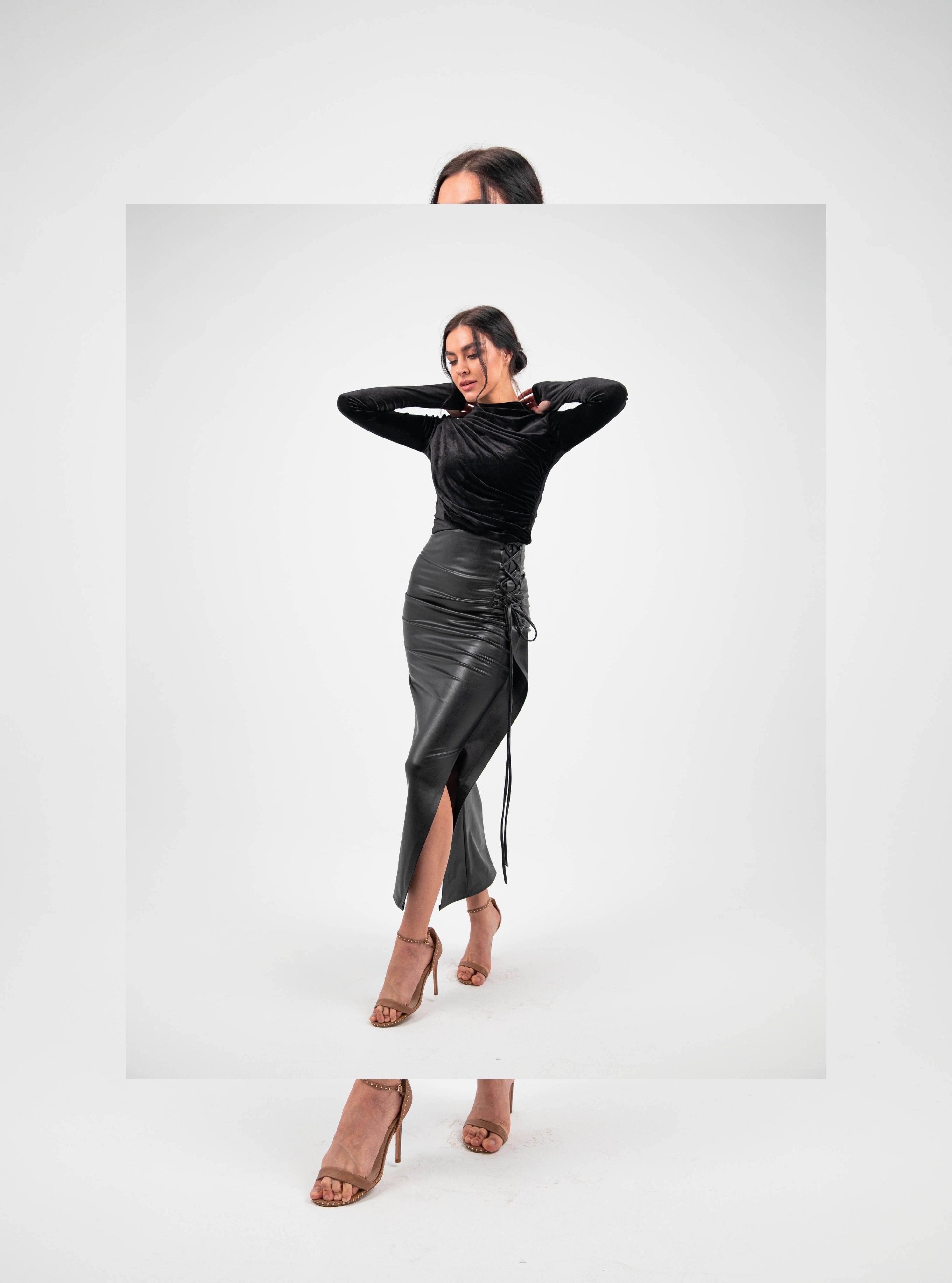 FAUX LEATHER DRAWSTRING SPLIT FRONT - MOONMAINS EGY