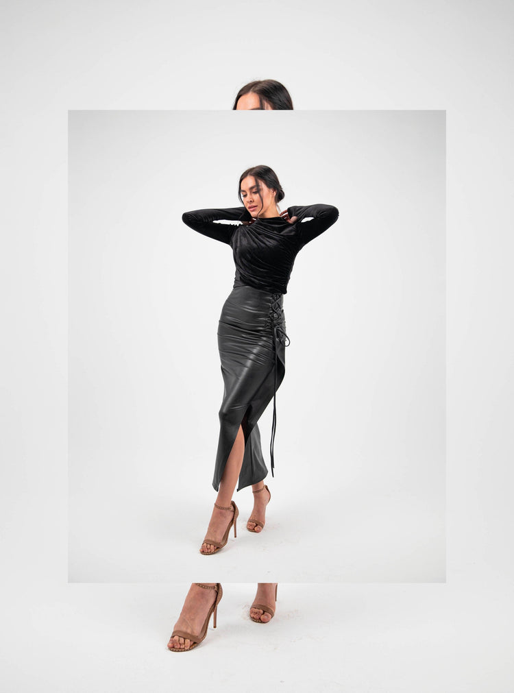 FAUX LEATHER DRAWSTRING SPLIT FRONT - MOONMAINS EGY