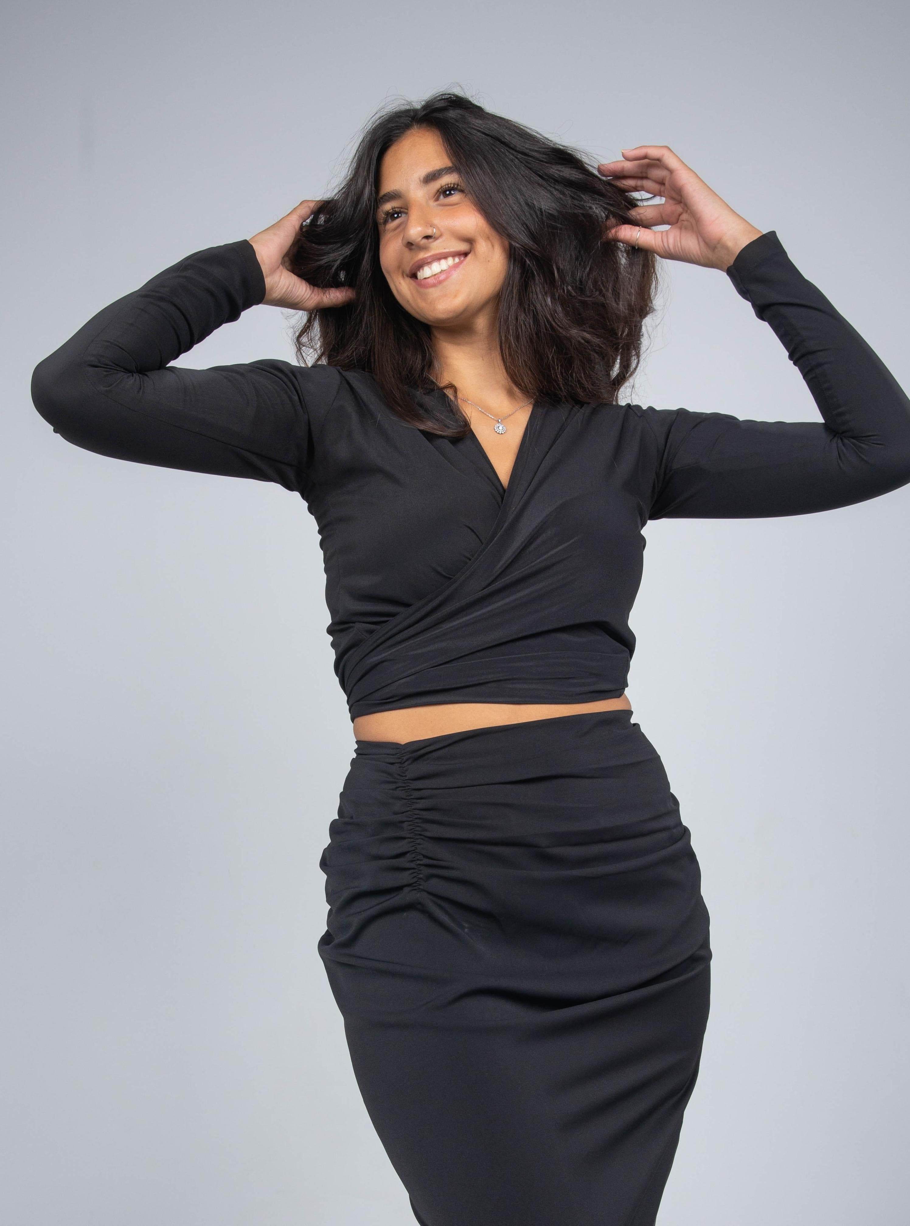 LONG SLEEVE V NECK TIE KNOT BANDAGE WRAP BLOUSE - MOONMAINS EGY