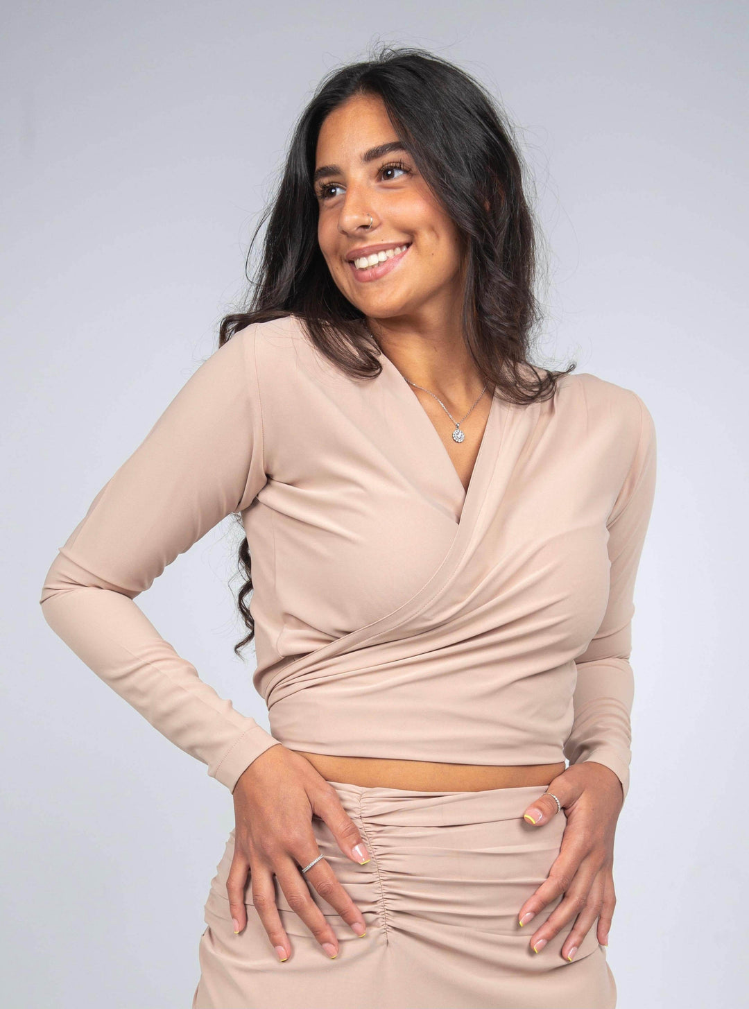 LONG SLEEVE V NECK TIE KNOT BANDAGE WRAP BLOUSE - MOONMAINS EGY