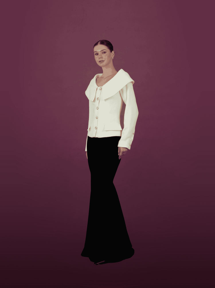 Ivory Oversized Collar Jacket with Black Mermaid Skirt - MOONMAINS EGY