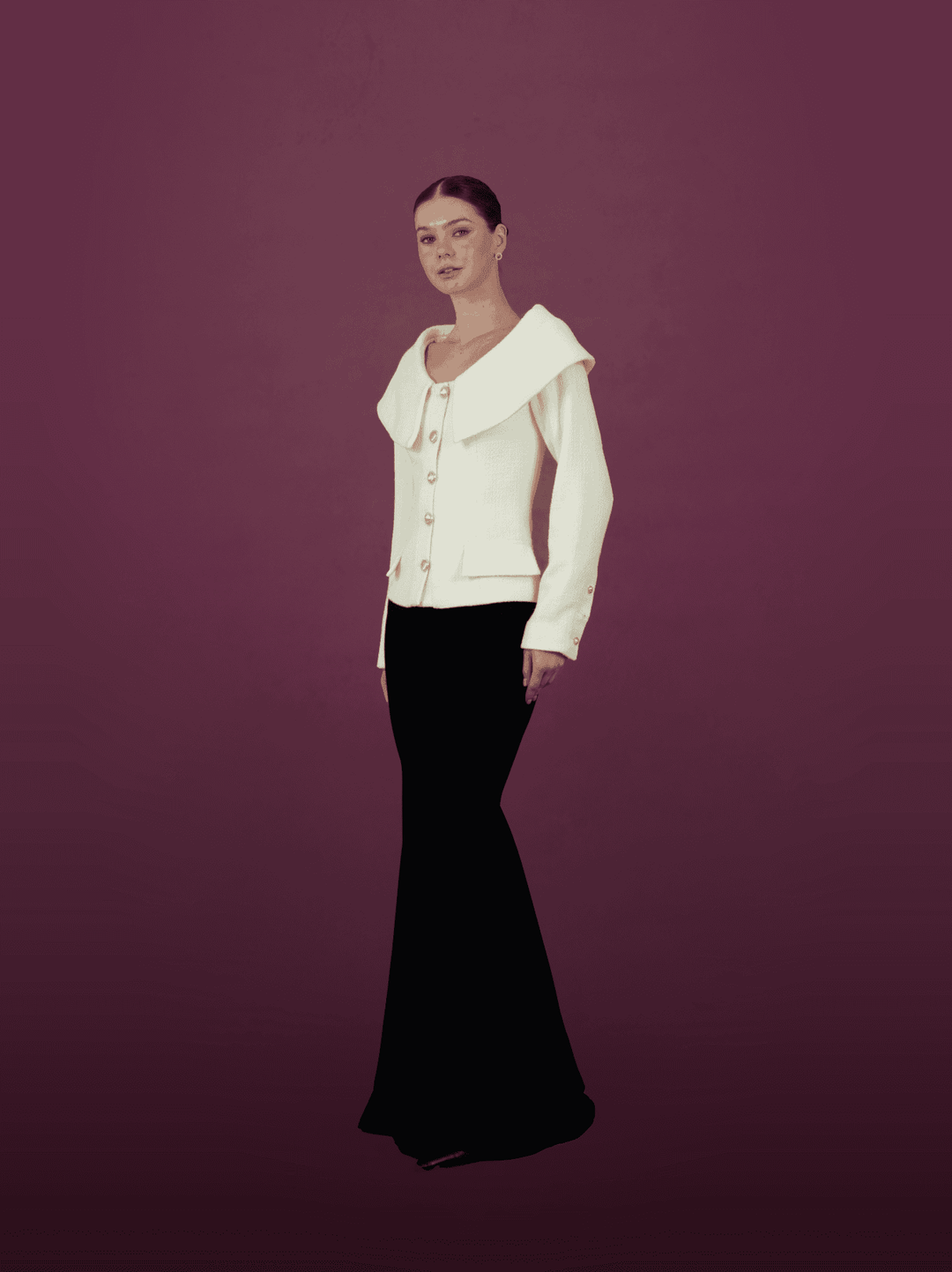 Ivory Oversized Collar Jacket with Black Mermaid Skirt - MOONMAINS EGY