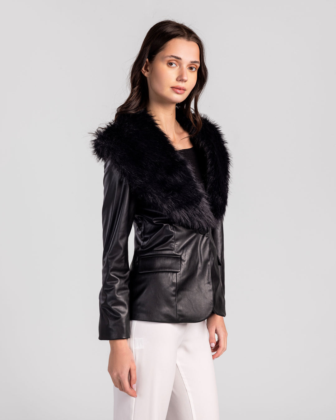 Luxuriant Faux Fur Collar Leatherette Jacket