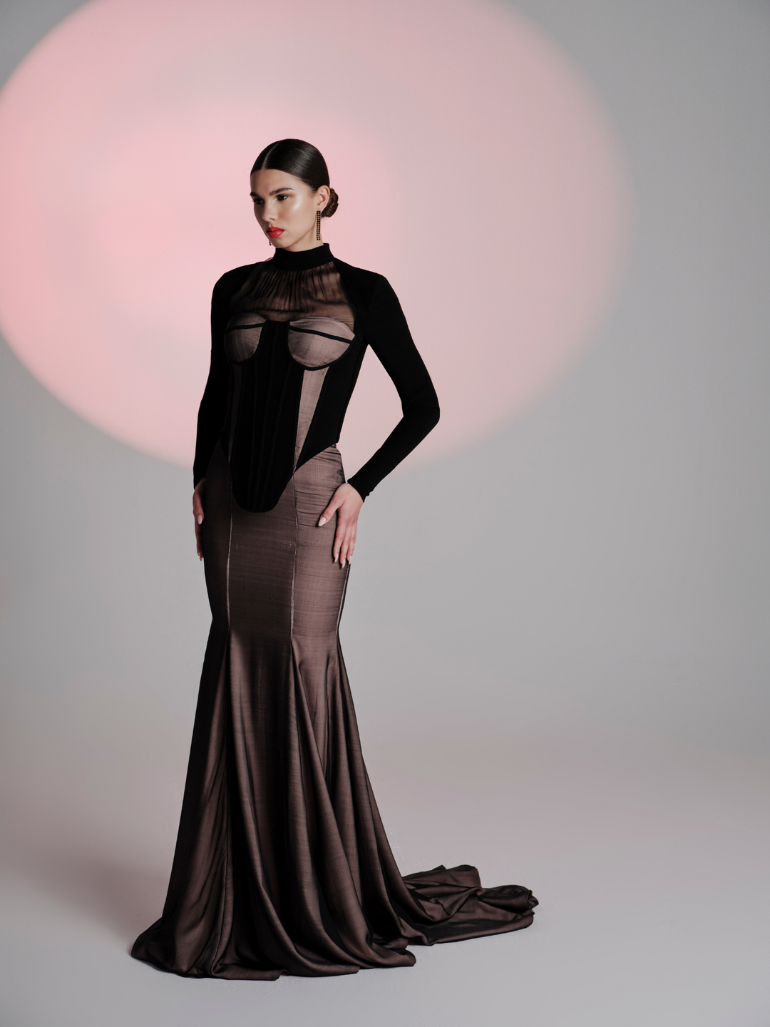 Look 32 – Black Sheer Corset Gown with Structured Detailing