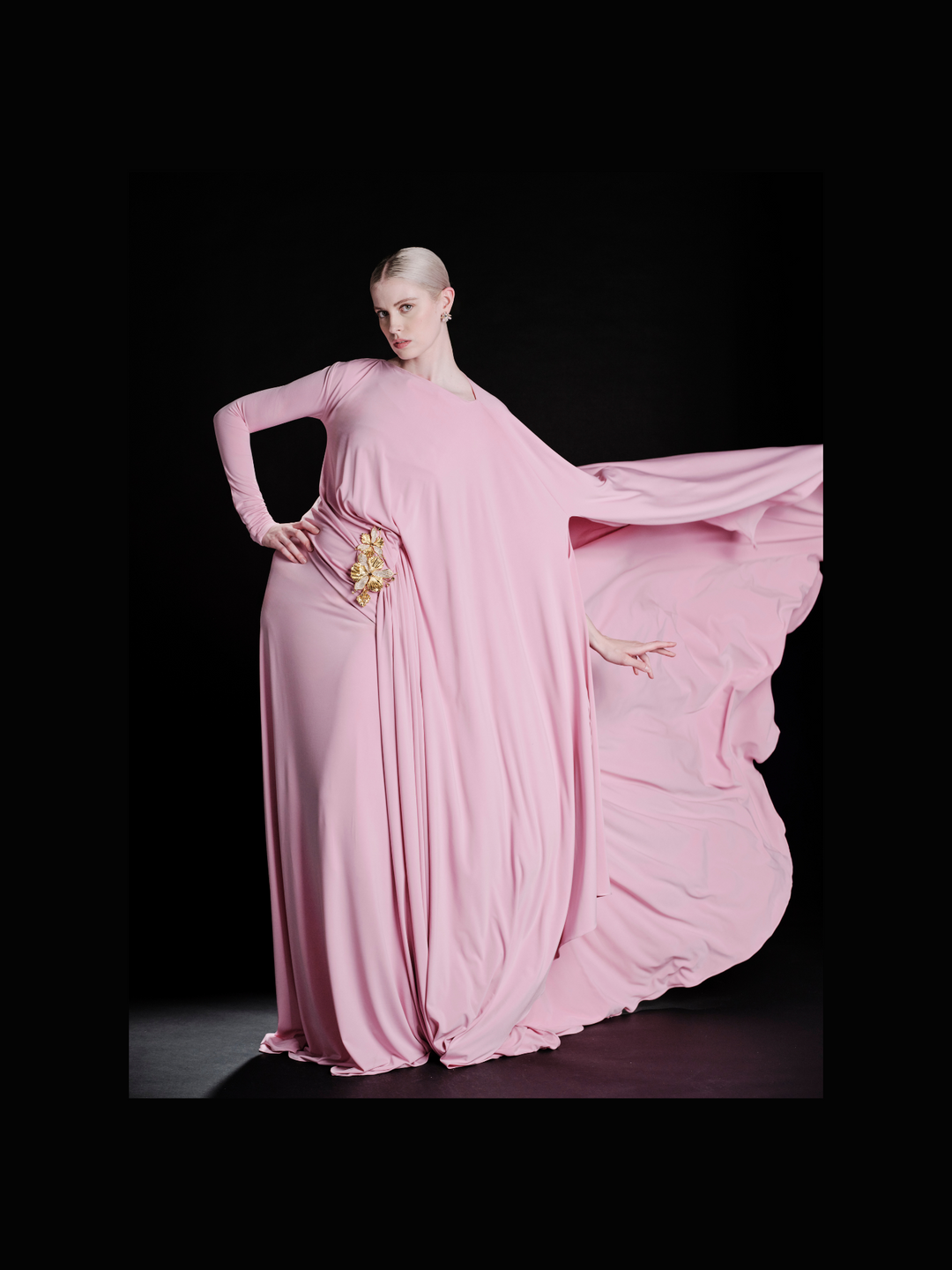 Look 28 – Graceful Pink Draped Gown with Embellished Detail