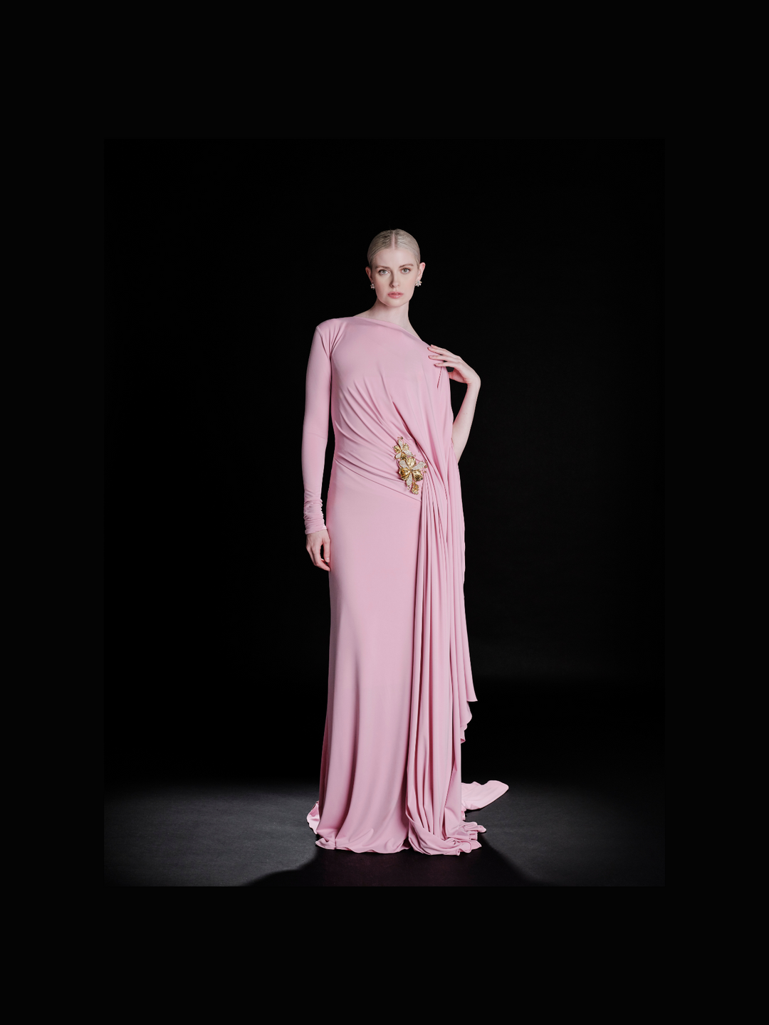 Look 28 – Graceful Pink Draped Gown with Embellished Detail