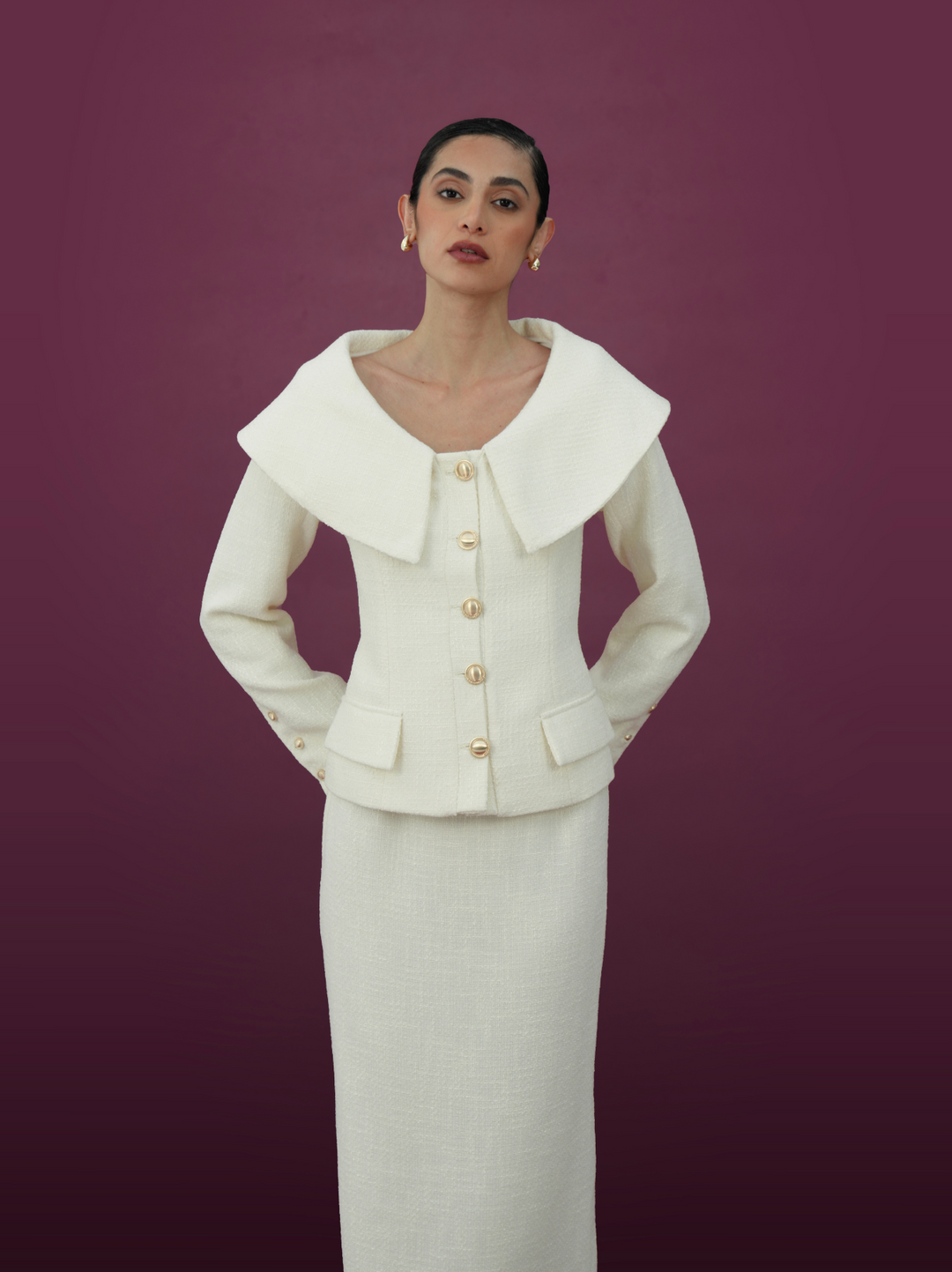 Ivory Wide Collar Jacket and Midi Skirt Set