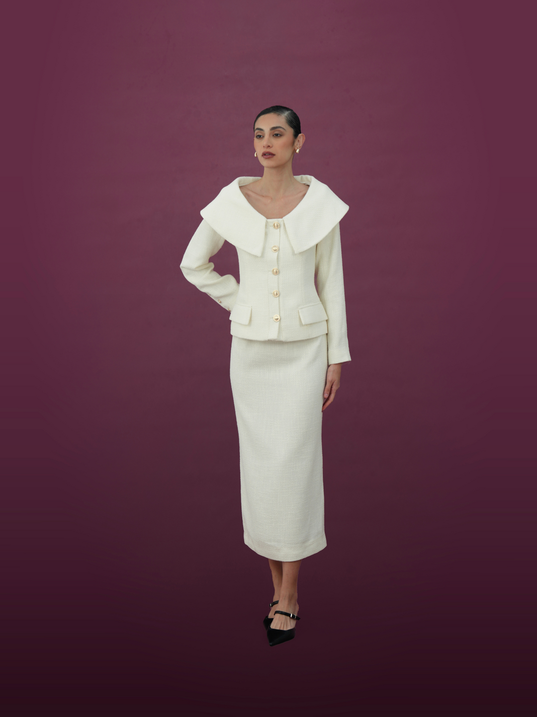 Ivory Wide Collar Jacket and Midi Skirt Set