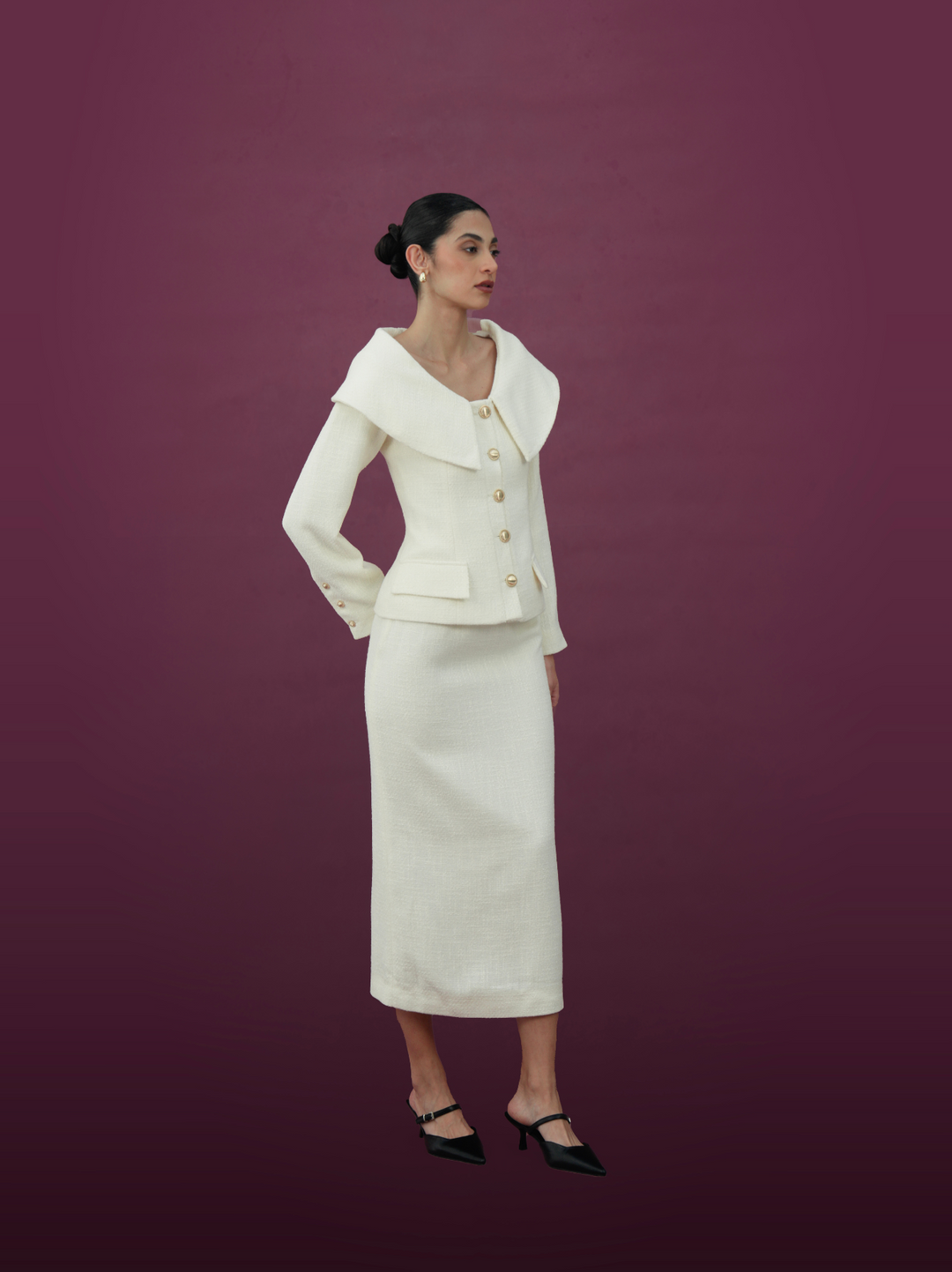 Ivory Wide Collar Jacket and Midi Skirt Set