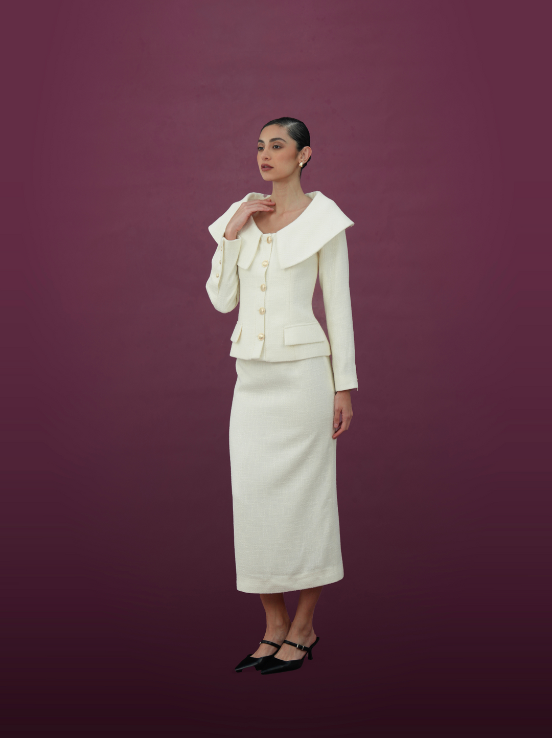 Ivory Wide Collar Jacket and Midi Skirt Set