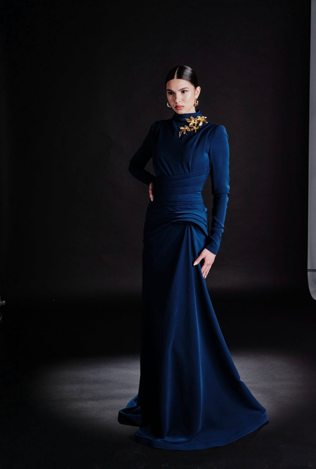 Look 22 – Elegant Royal Blue High-Neck Gown