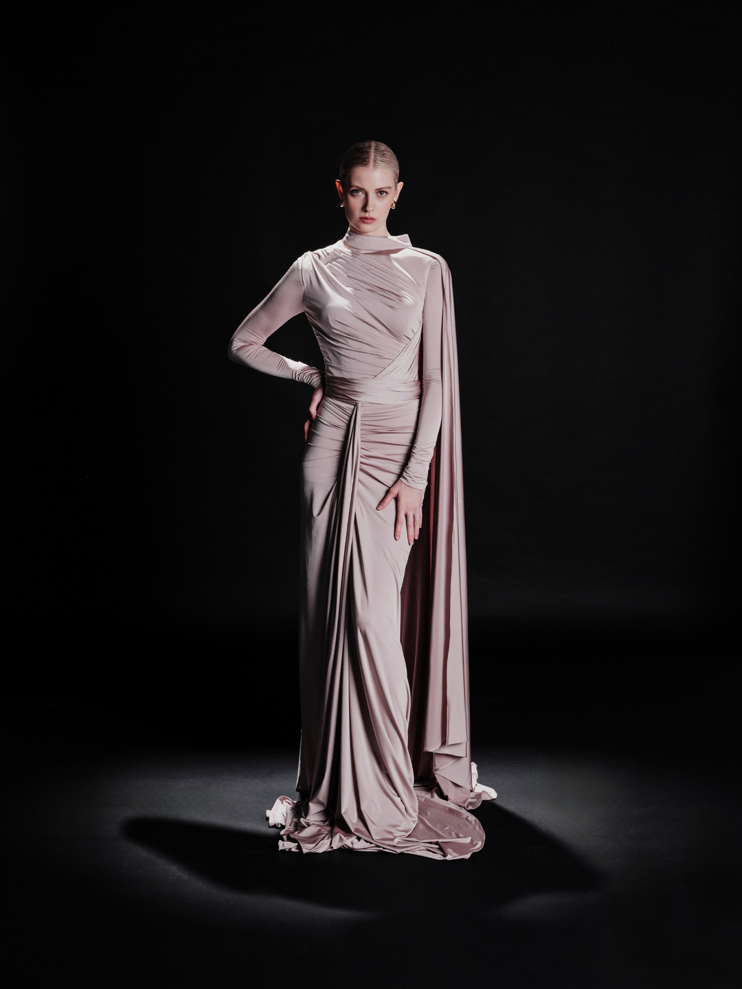 Look 25 – Elegant Soft Mauve Draped Gown