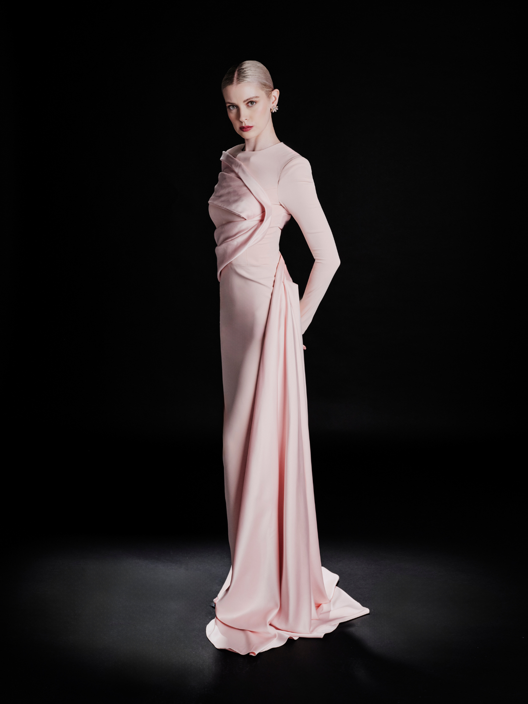 Look 30 – Blush Pink Draped Elegance Gown