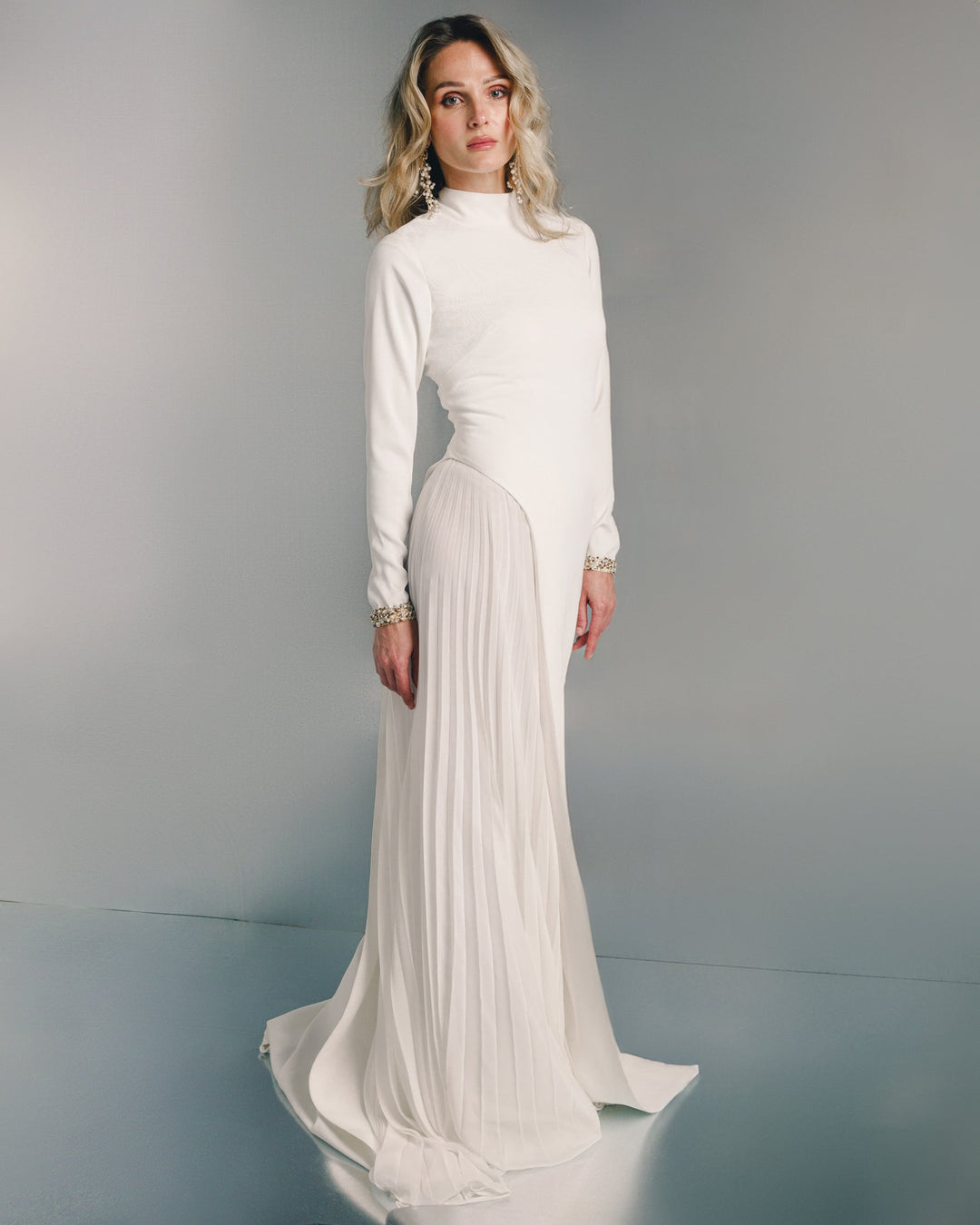 Tailored crepe pleated maxi dress