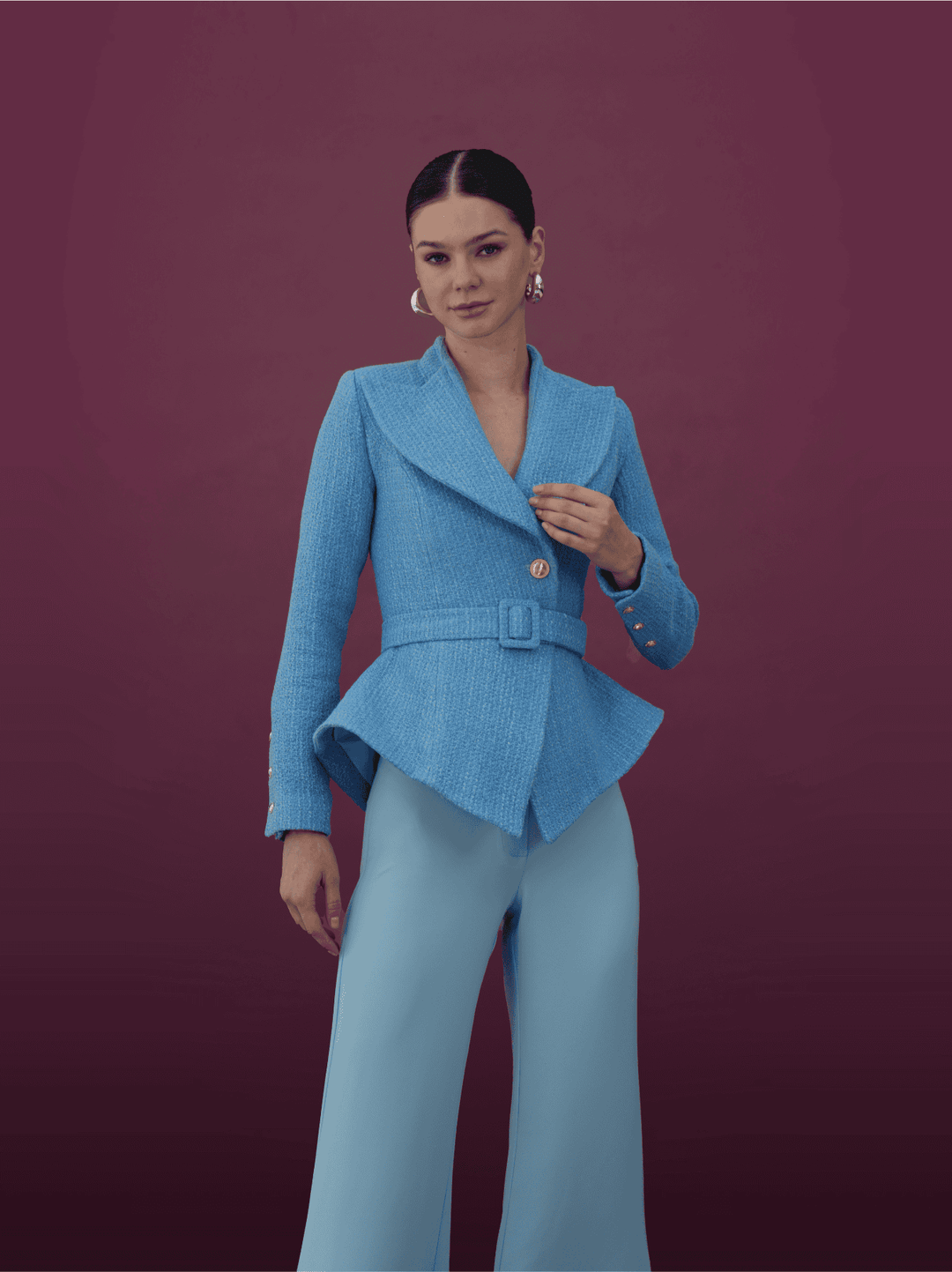 Powder Blue Belted Peplum Blazer Set