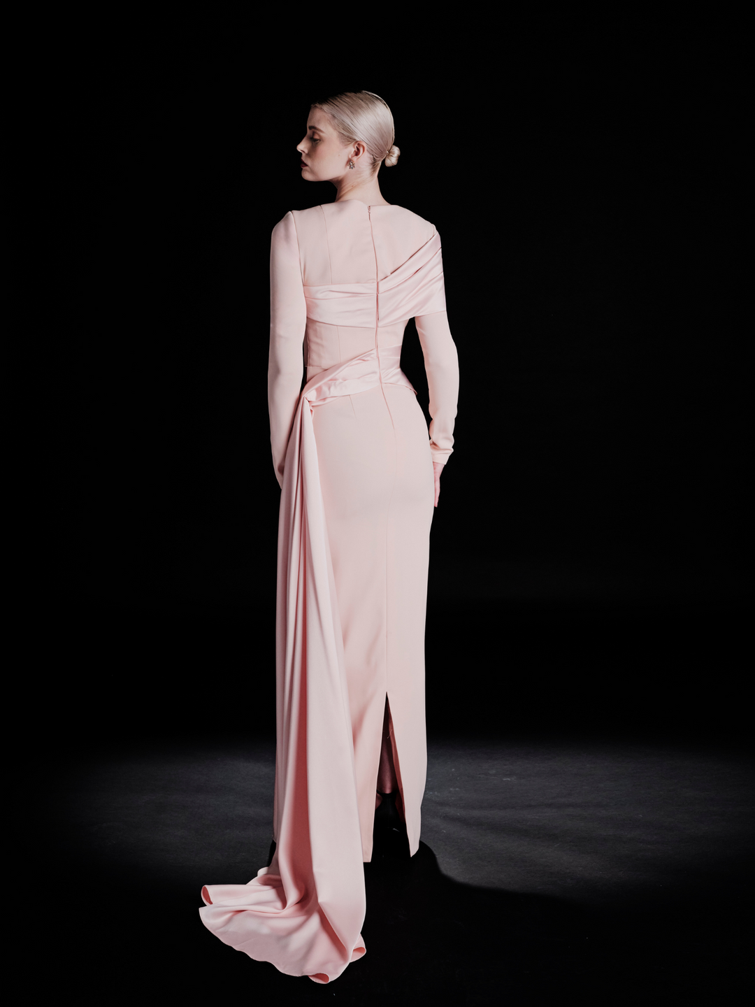 Look 30 – Blush Pink Draped Elegance Gown