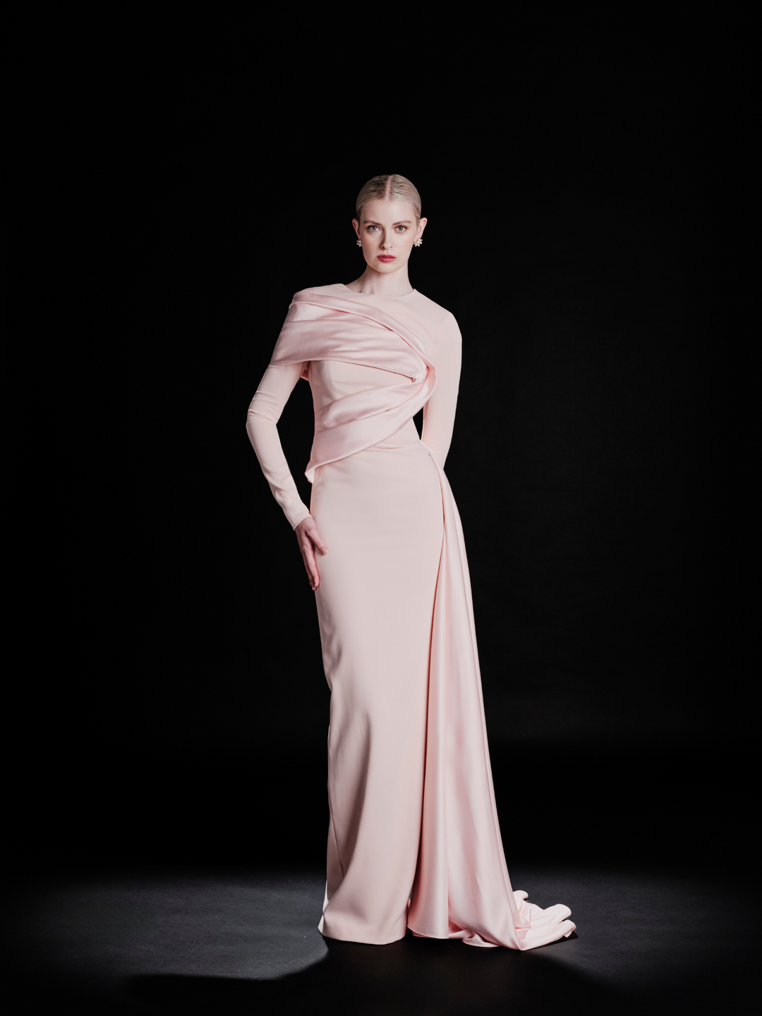 Look 30 – Blush Pink Draped Elegance Gown