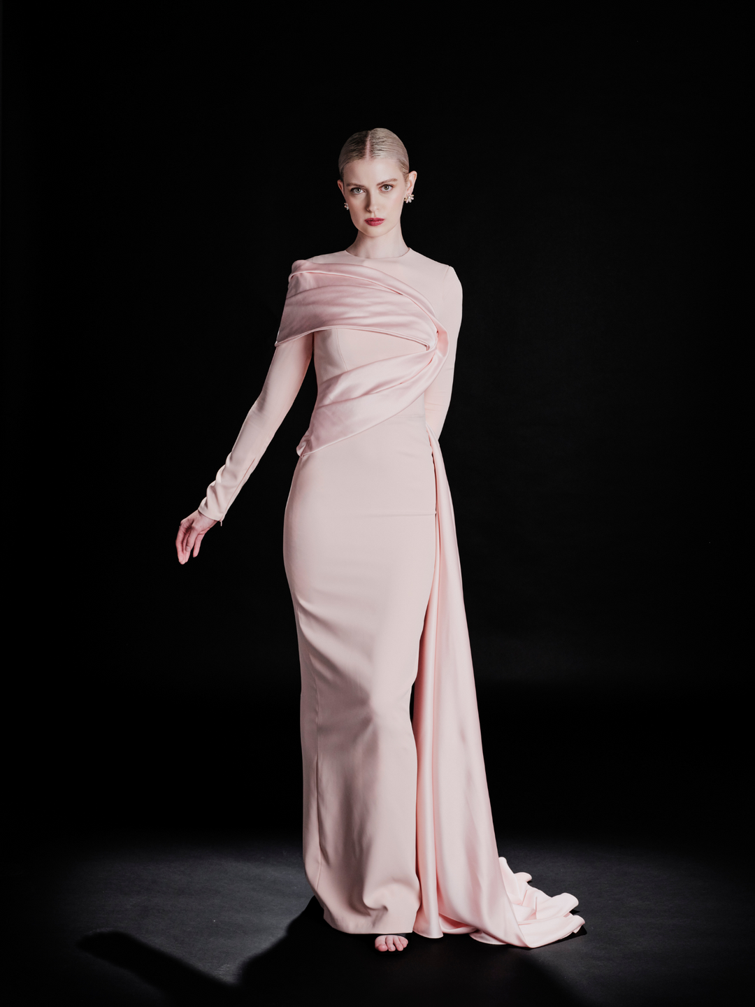 Look 30 – Blush Pink Draped Elegance Gown