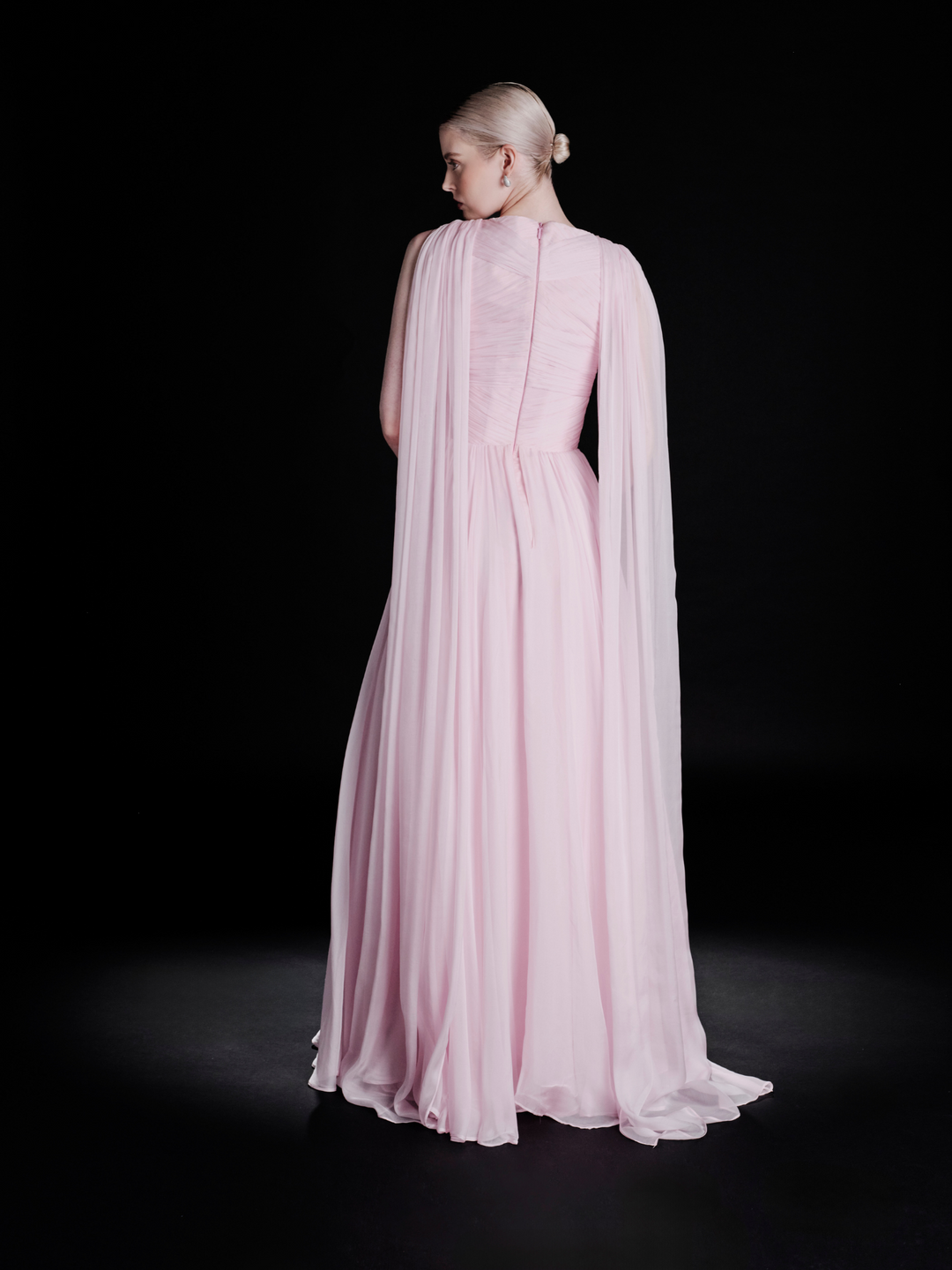 Look 26 – Elegant Soft Pink Draped Gown with Cape