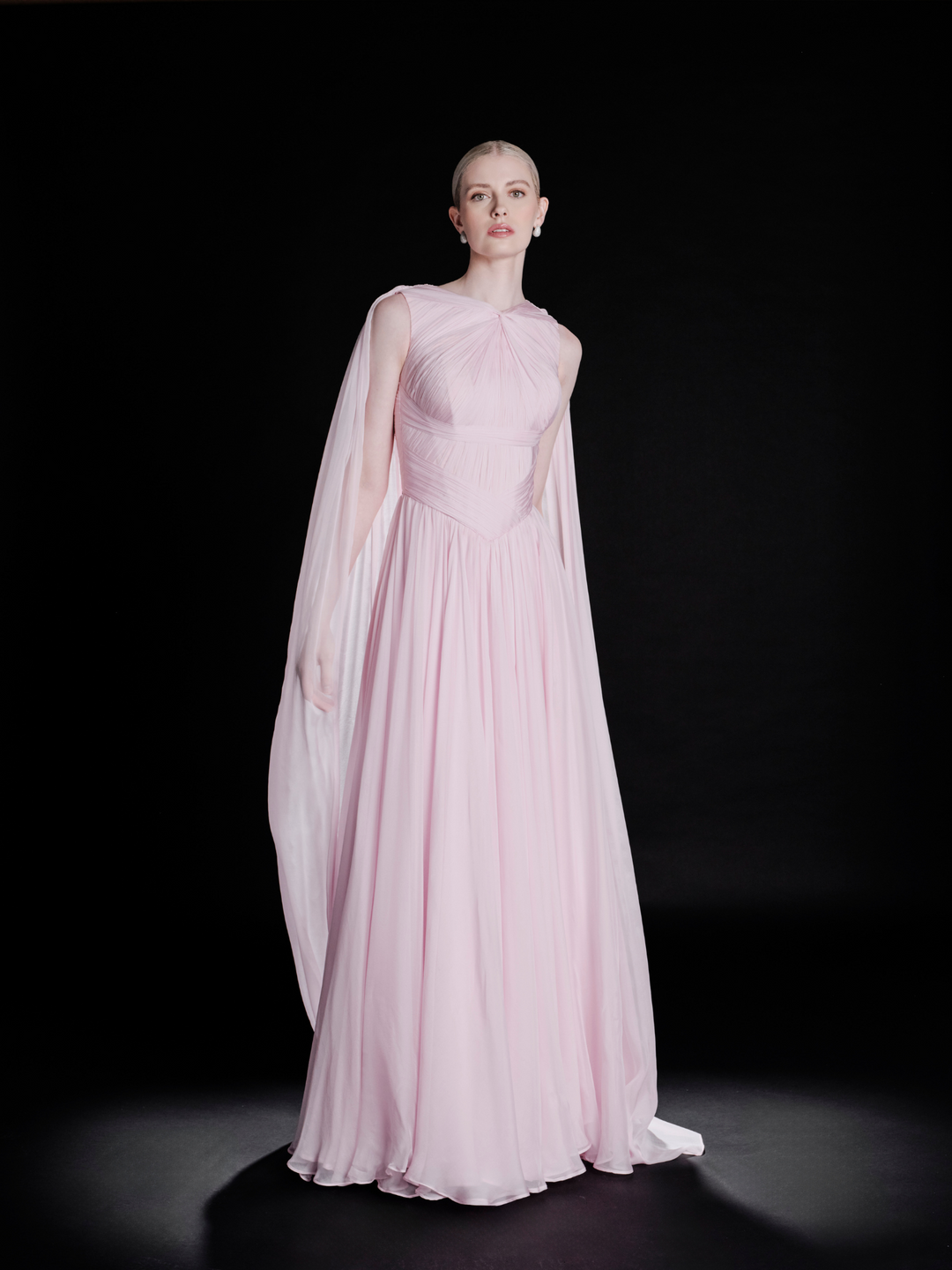 Look 26 – Elegant Soft Pink Draped Gown with Cape