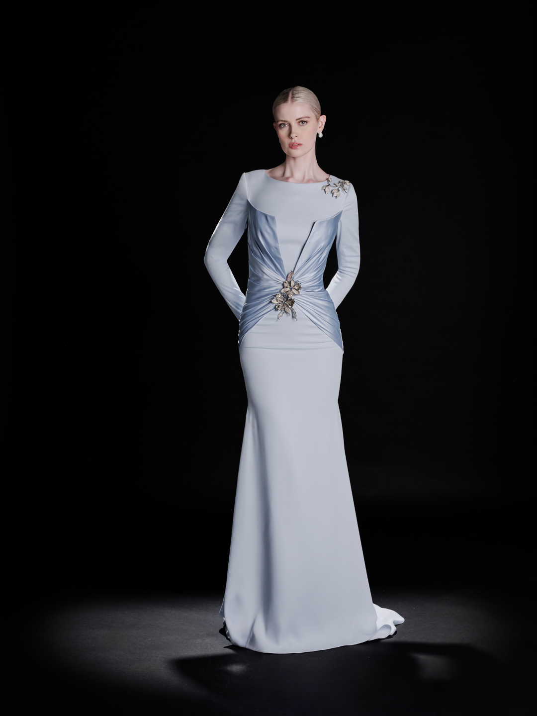 Look 27 – Elegant Ice Blue Satin Gown with Embellishments