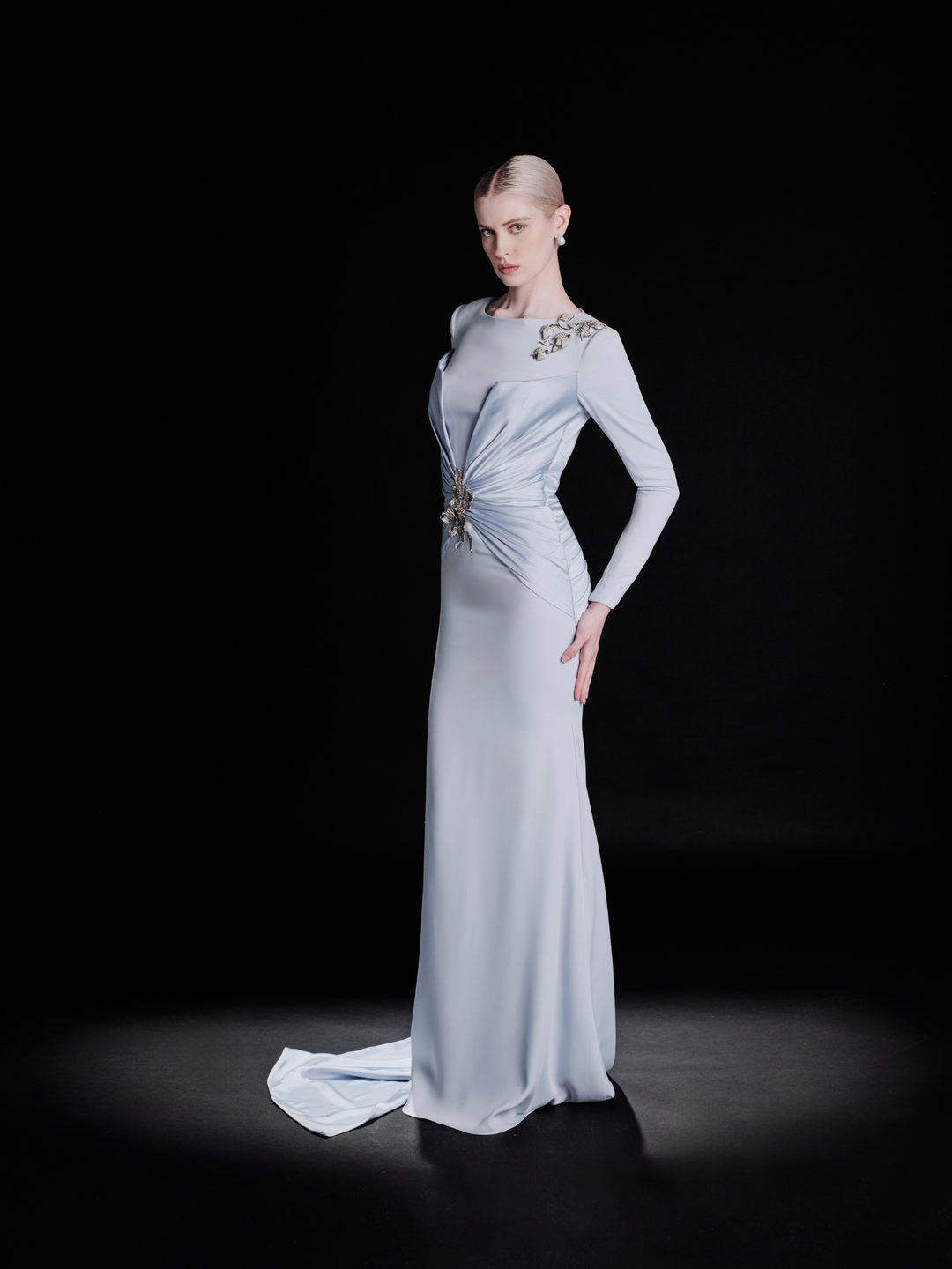 Look 27 – Elegant Ice Blue Satin Gown with Embellishments