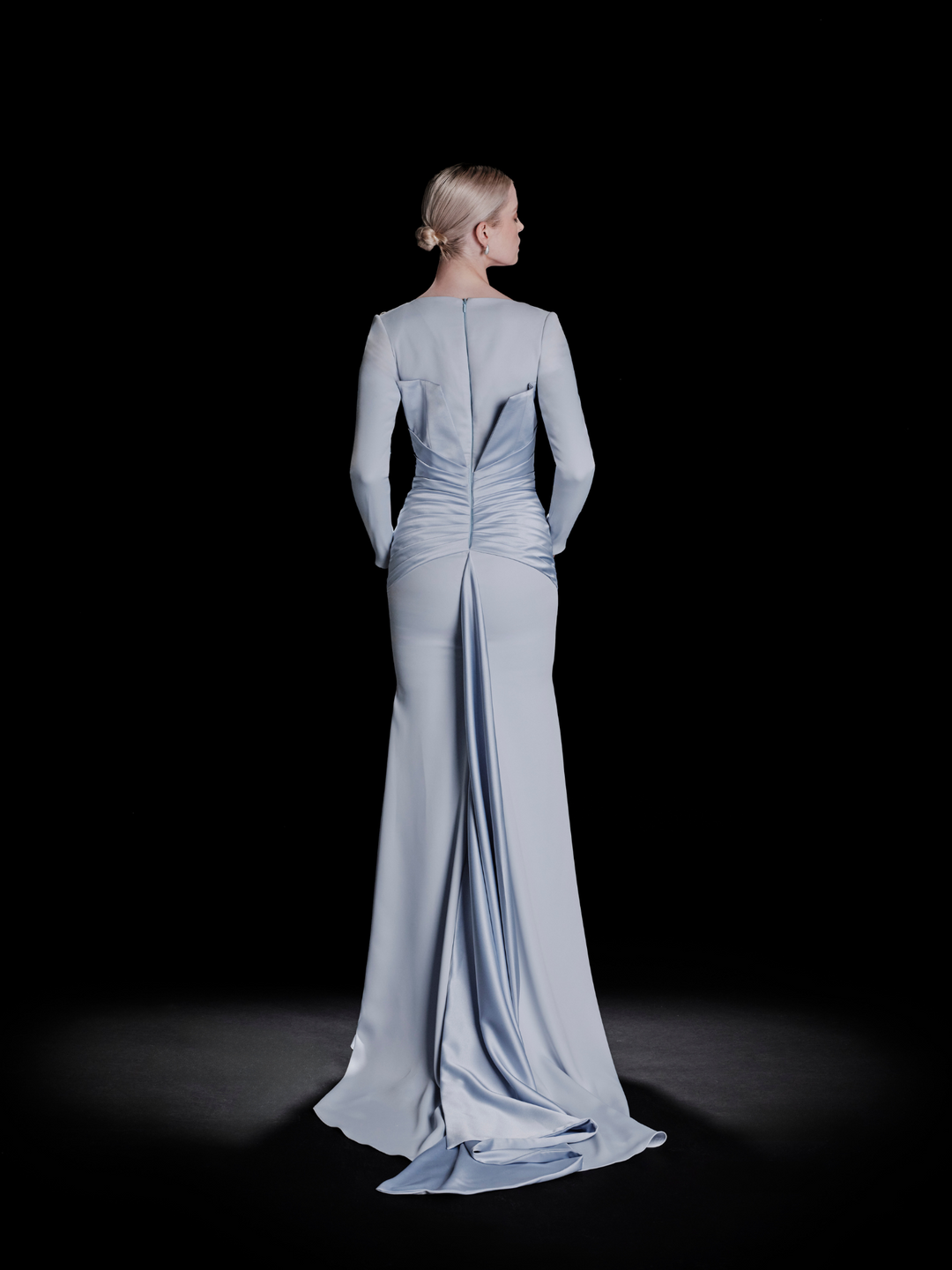 Look 27 – Elegant Ice Blue Satin Gown with Embellishments