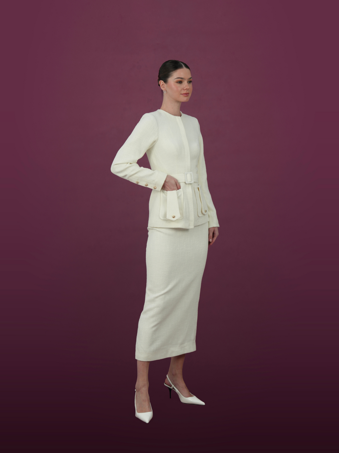 Cream Textured Belted Jacket and Skirt Set