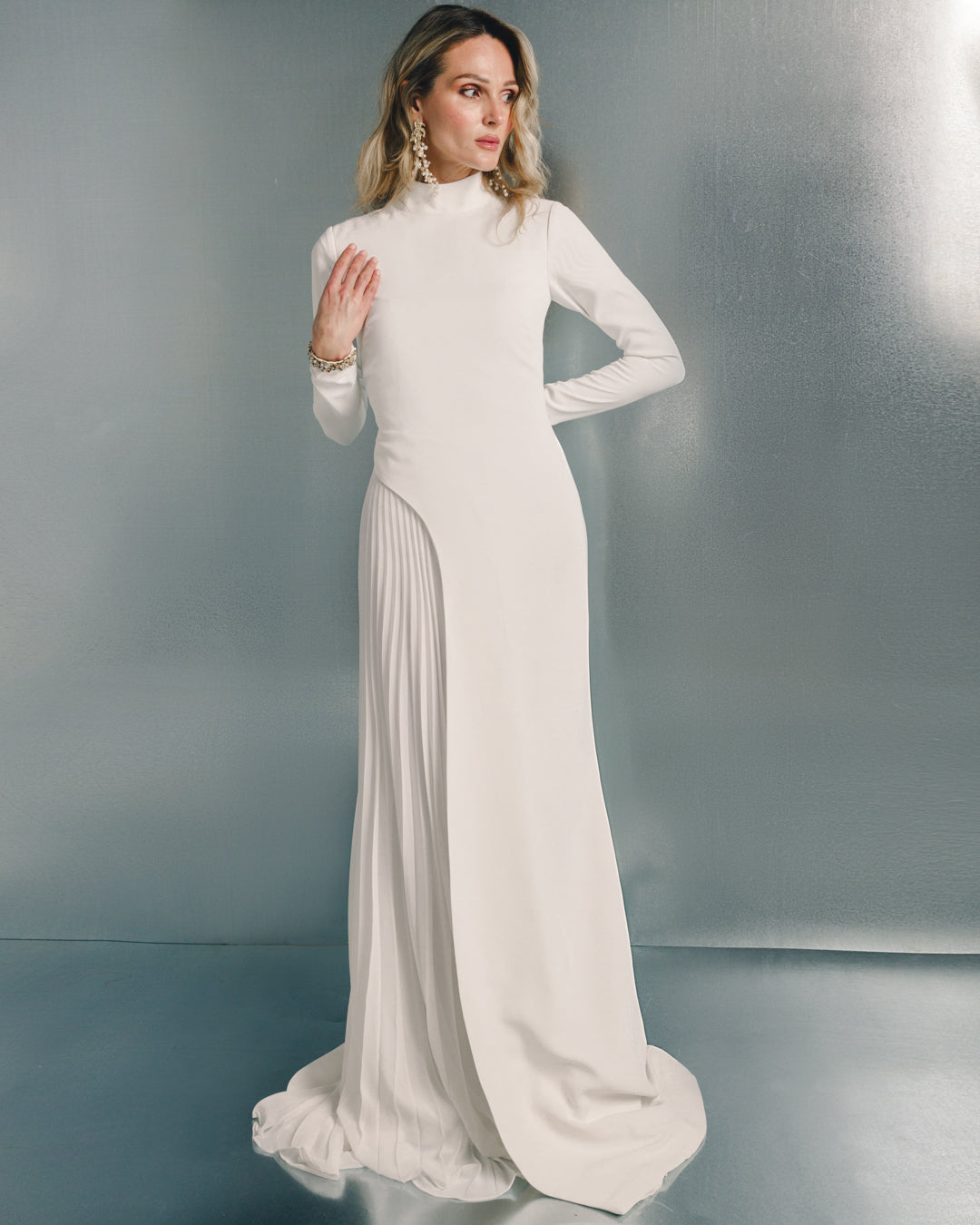 Tailored crepe pleated maxi dress