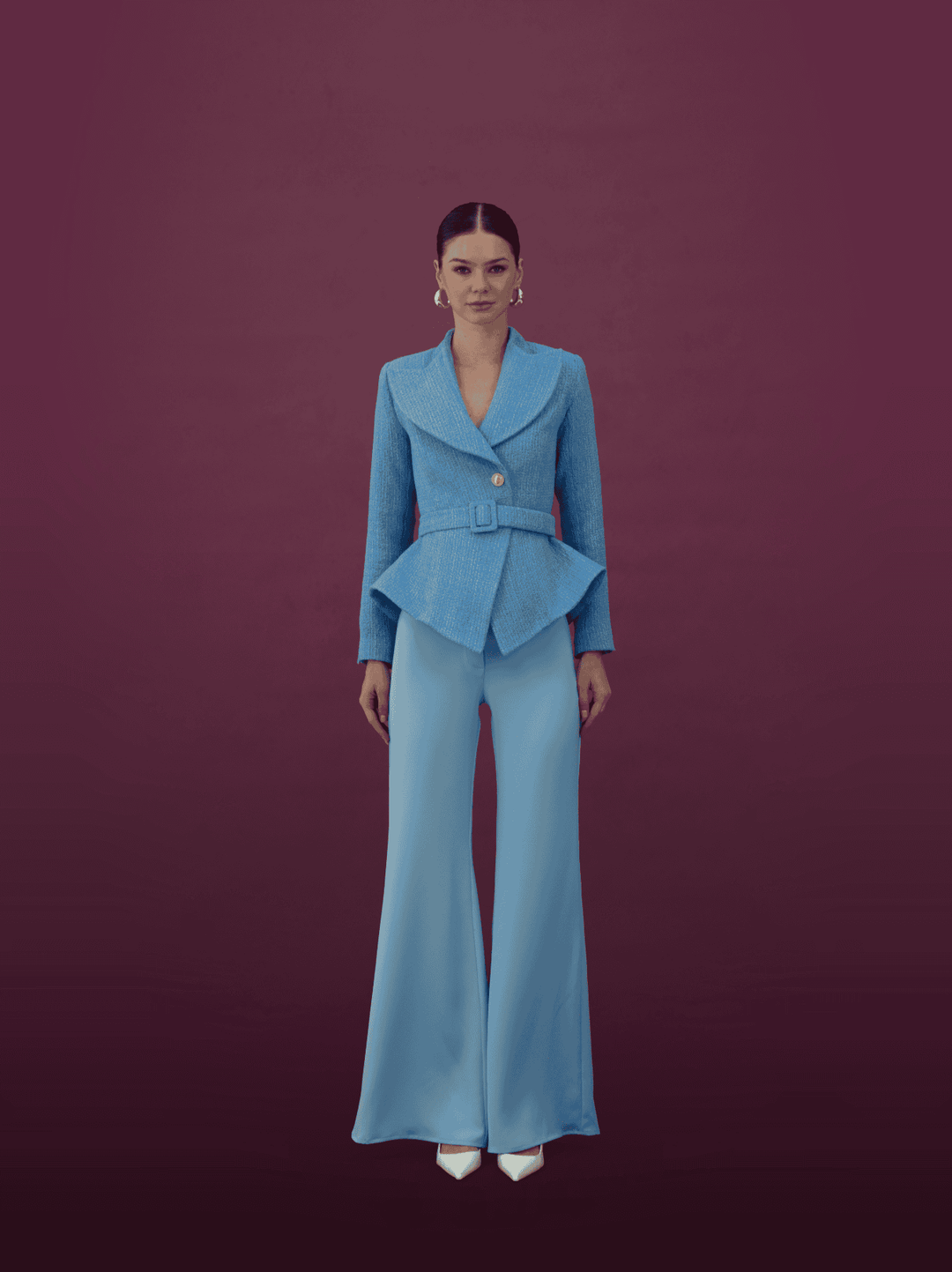 Powder Blue Belted Peplum Blazer Set