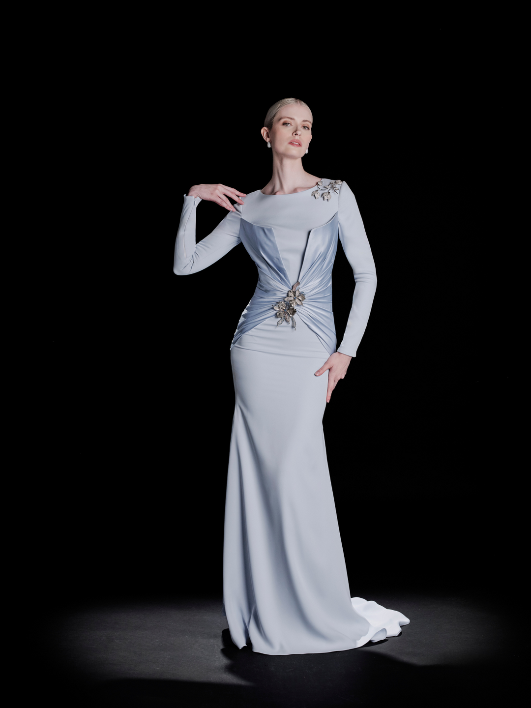 Look 27 – Elegant Ice Blue Satin Gown with Embellishments