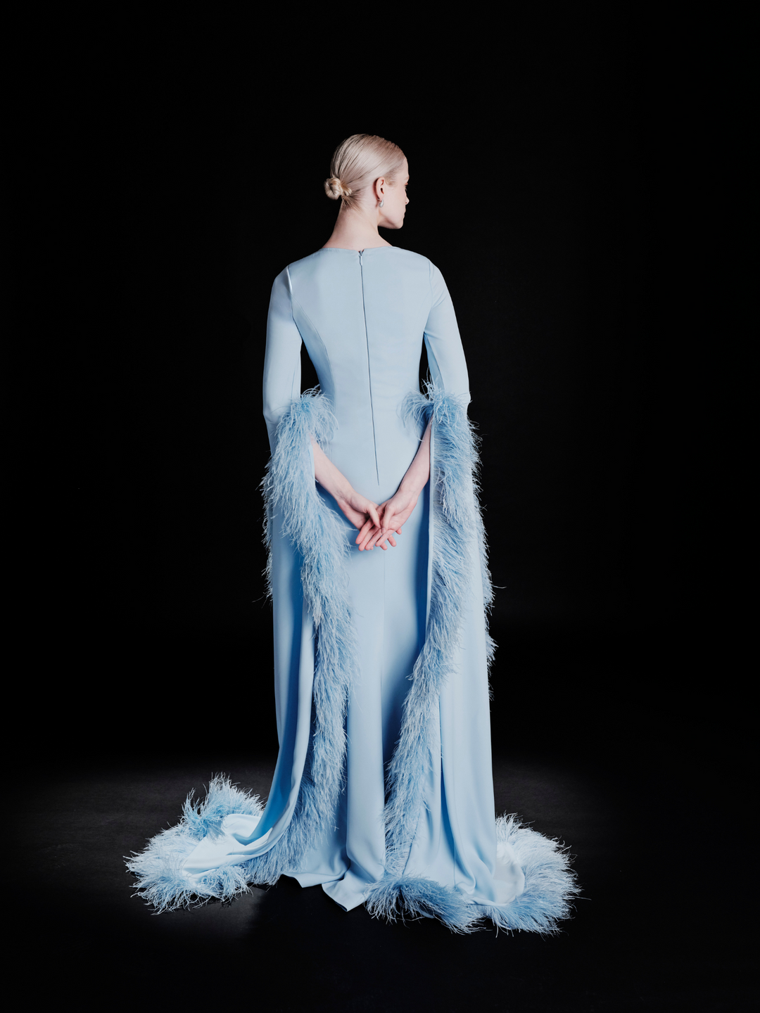 Look 29 – Sky Blue Feather-Trimmed Statement Gown