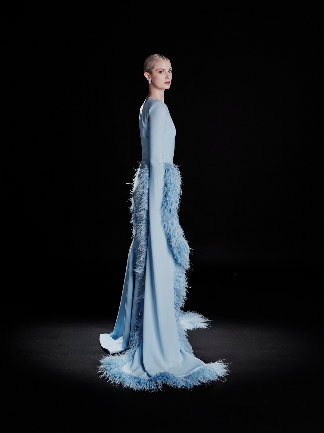 Look 29 – Sky Blue Feather-Trimmed Statement Gown