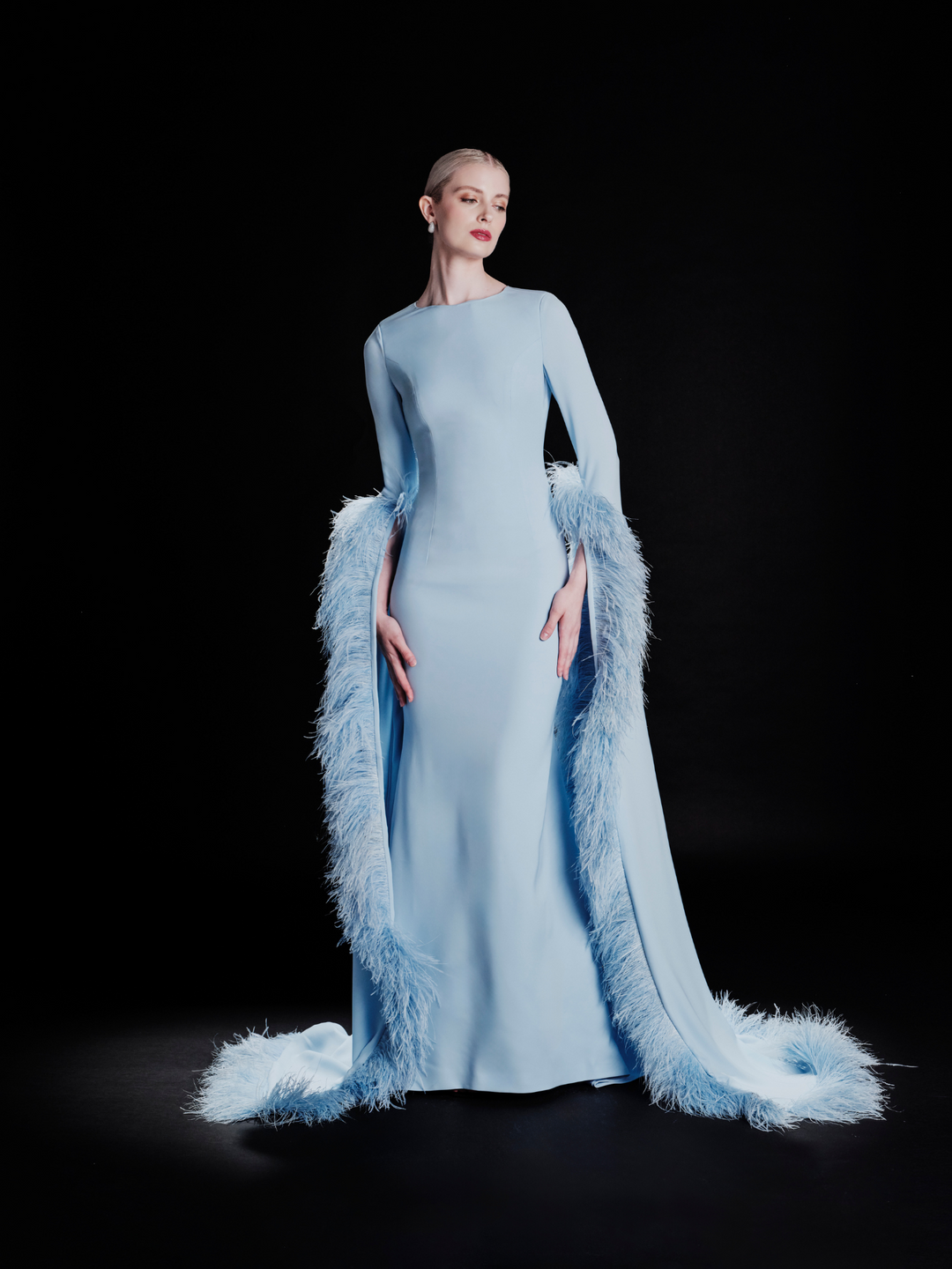 Look 29 – Sky Blue Feather-Trimmed Statement Gown