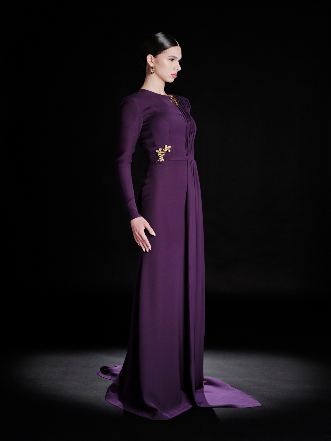 Look 31 – Regal Purple Draped Gown with Gold Embellishments