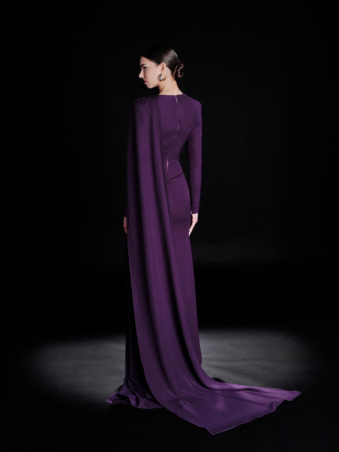 Look 31 – Regal Purple Draped Gown with Gold Embellishments