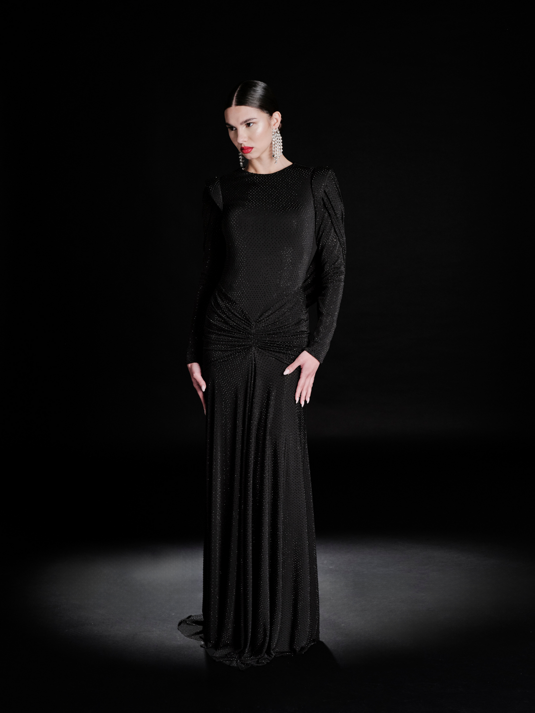 Look 33 – Black Shimmer Ruched Evening Gown