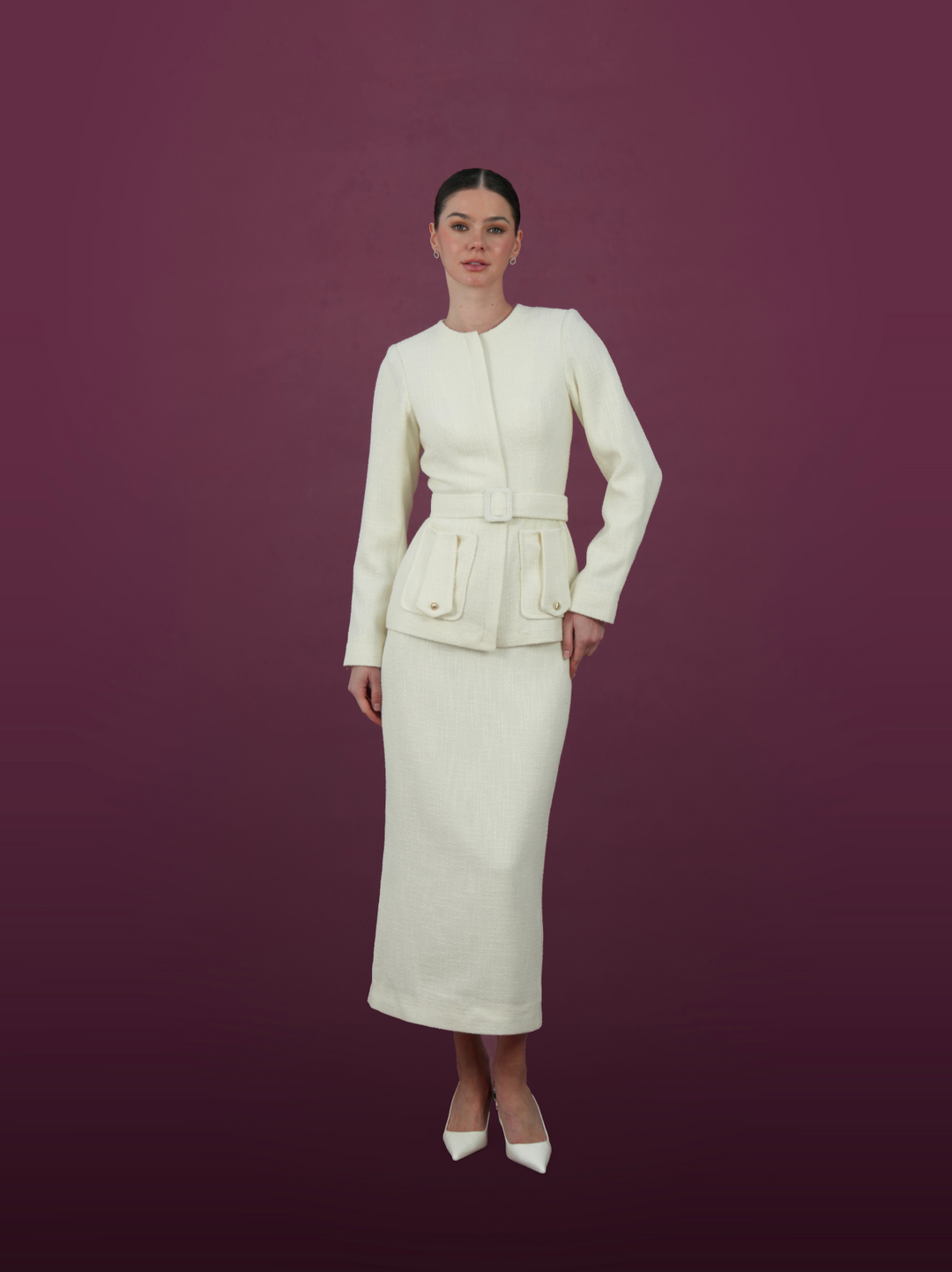 Cream Textured Belted Jacket and Skirt Set