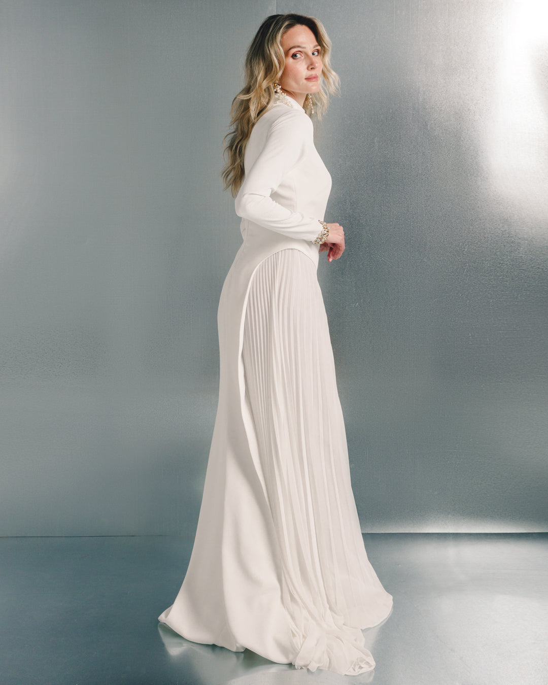 Tailored crepe pleated maxi dress