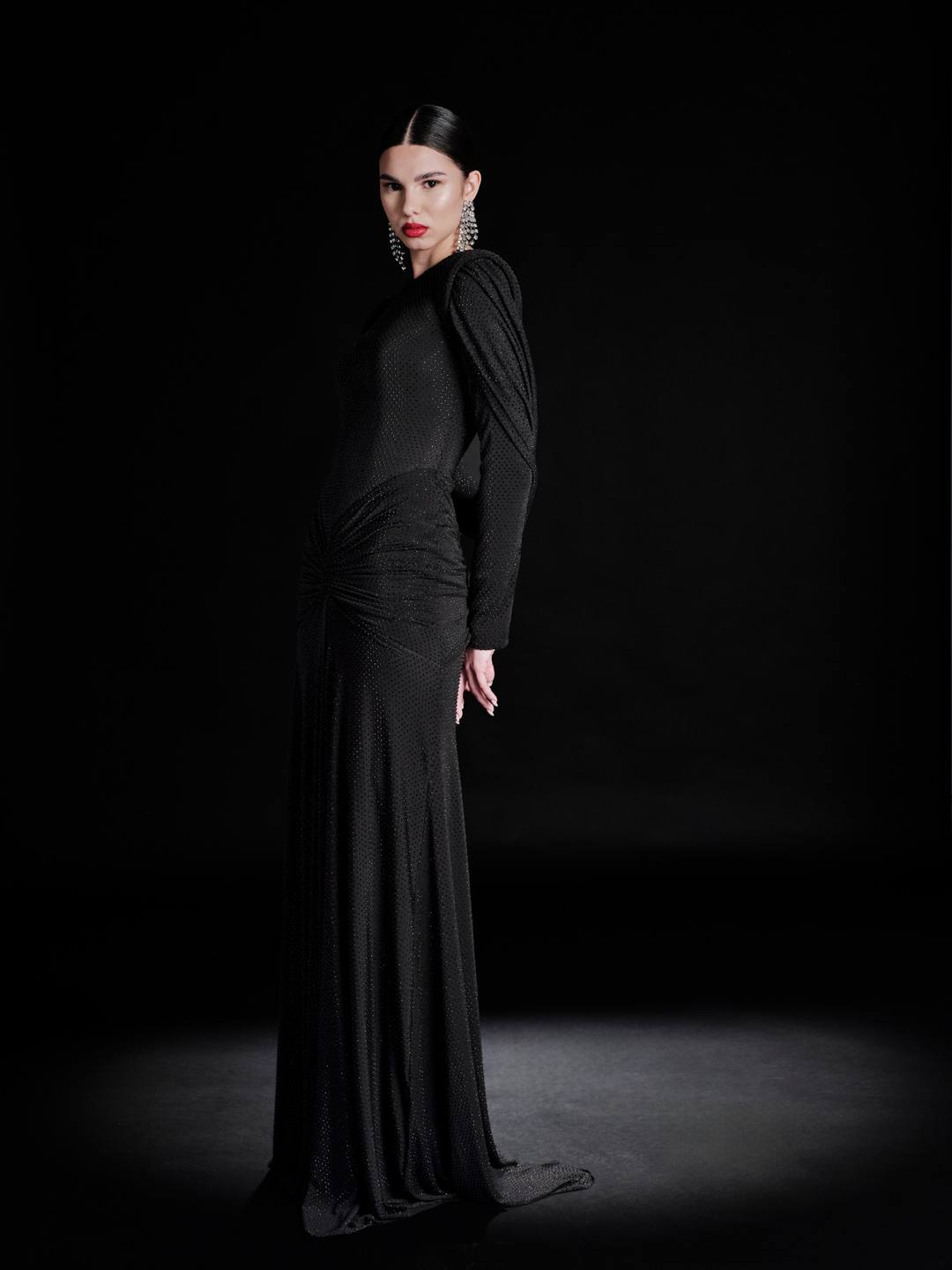 Look 33 – Black Shimmer Ruched Evening Gown