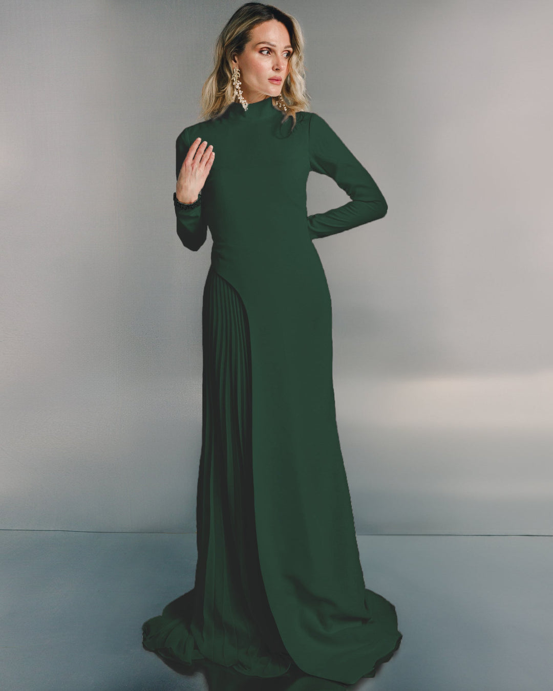 Tailored crepe pleated maxi dress