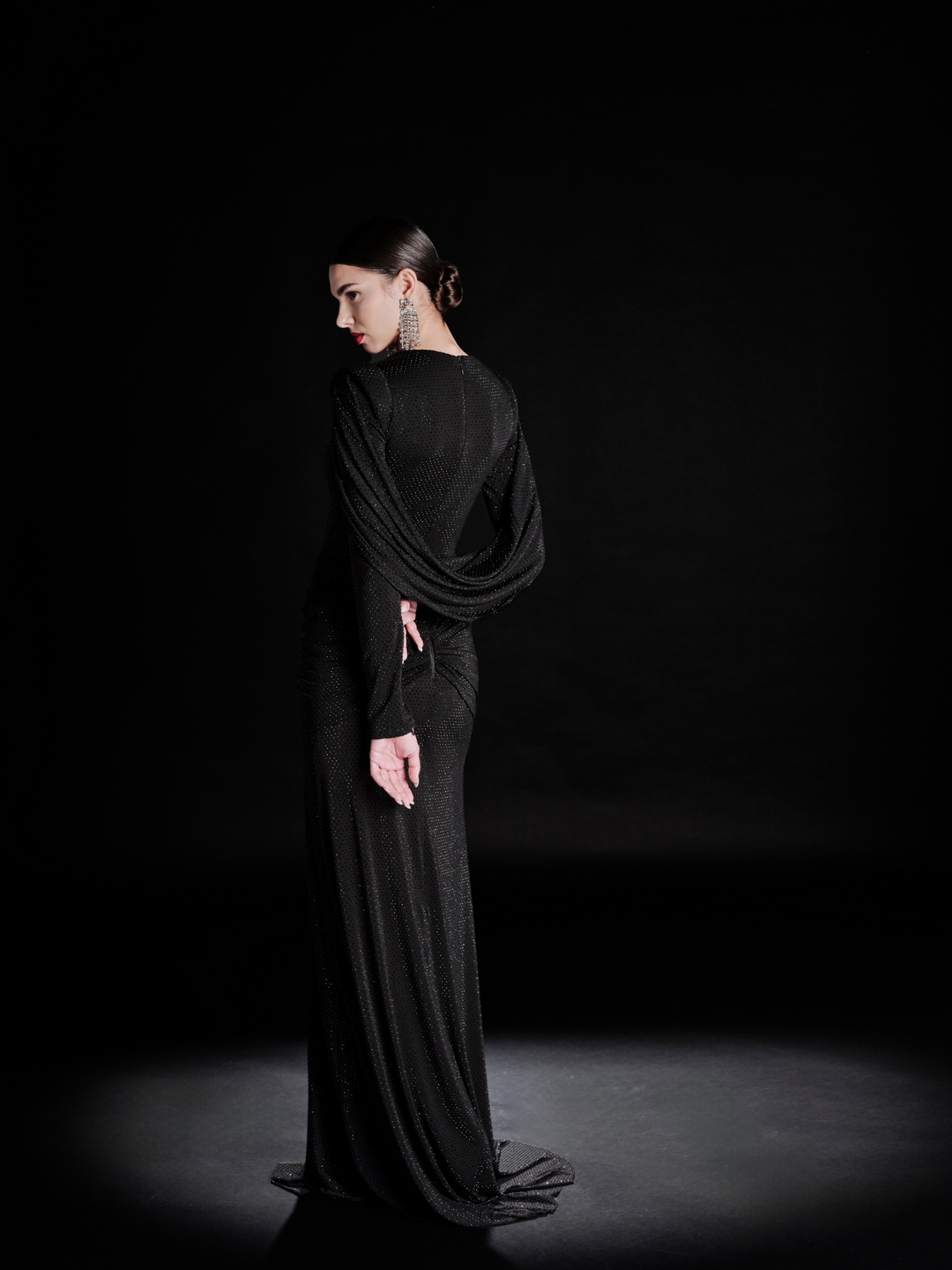 Look 33 – Black Shimmer Ruched Evening Gown