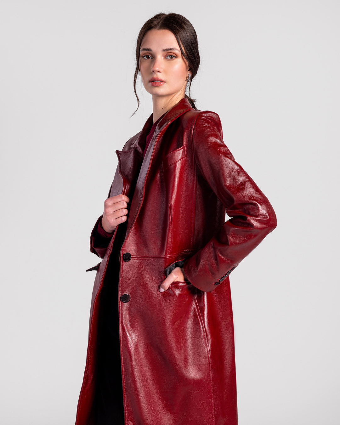 Scarlet Long Leather Trench Coat