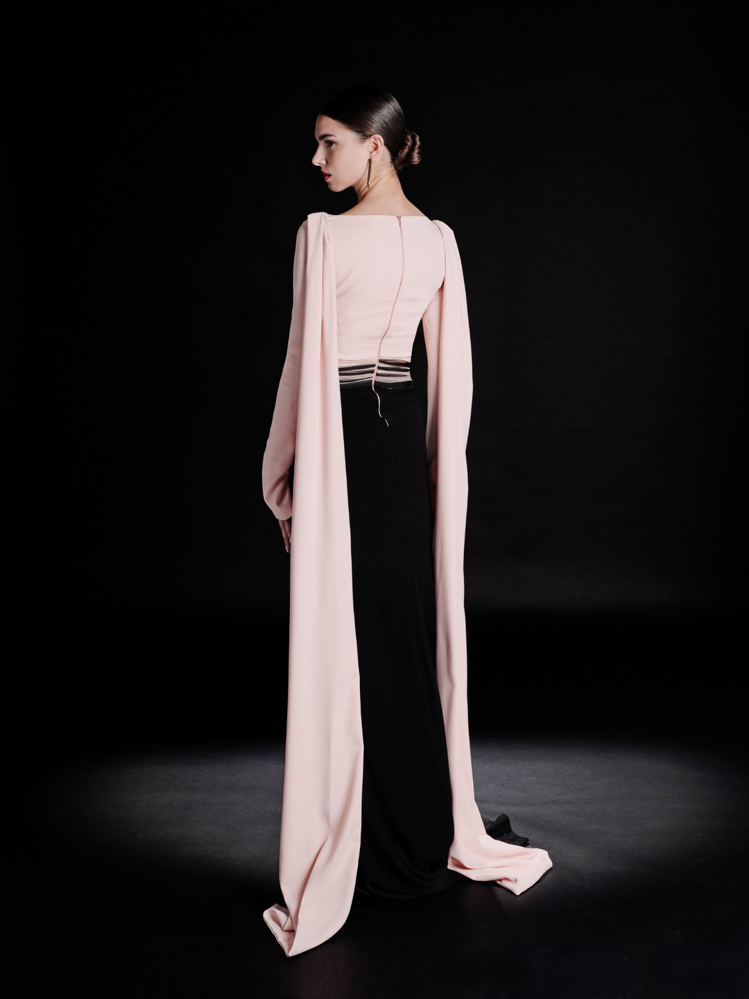 Look 36 – Blush & Black Geometric Corset Gown with Draped Sleeves