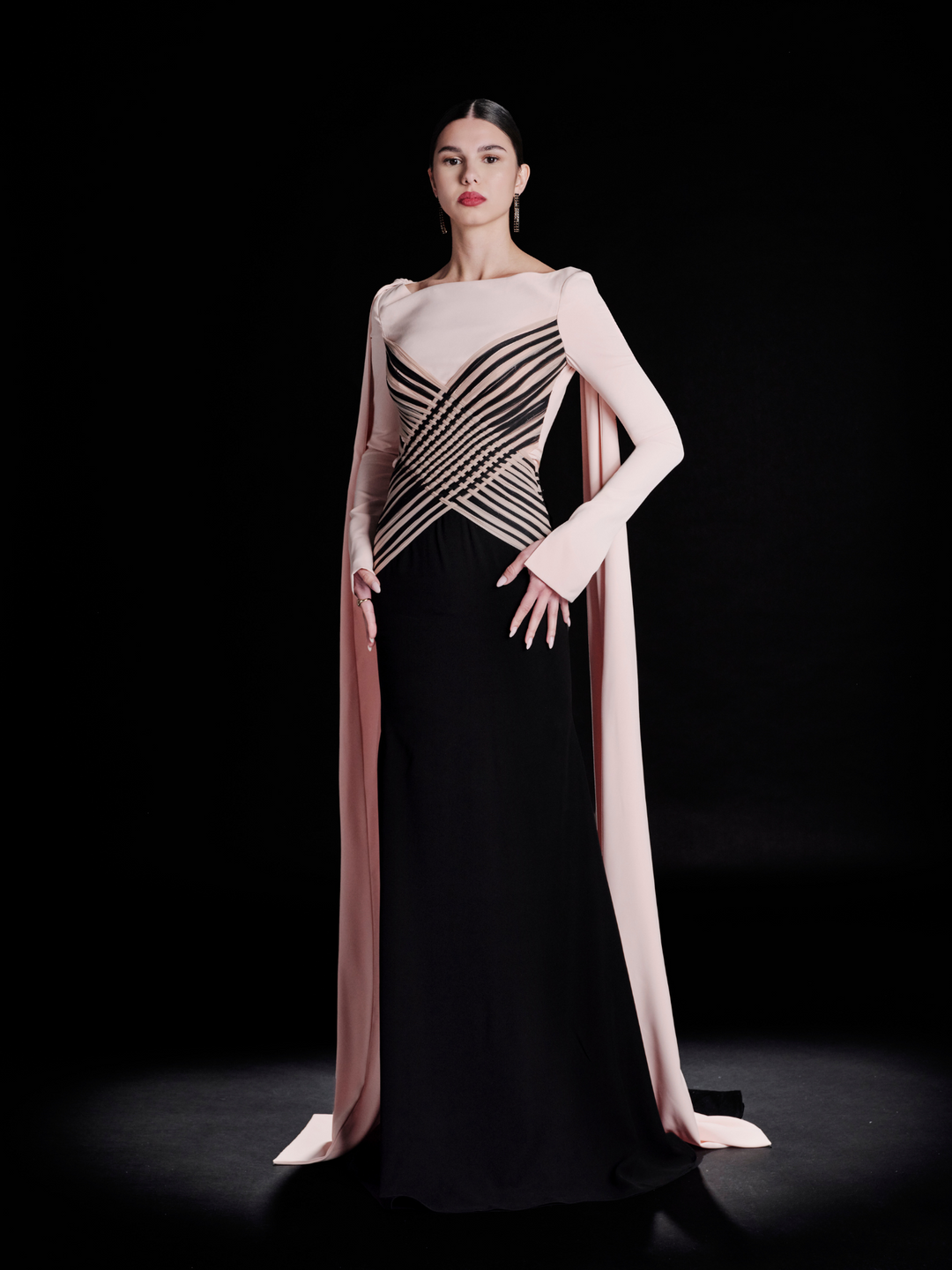 Look 36 – Blush & Black Geometric Corset Gown with Draped Sleeves