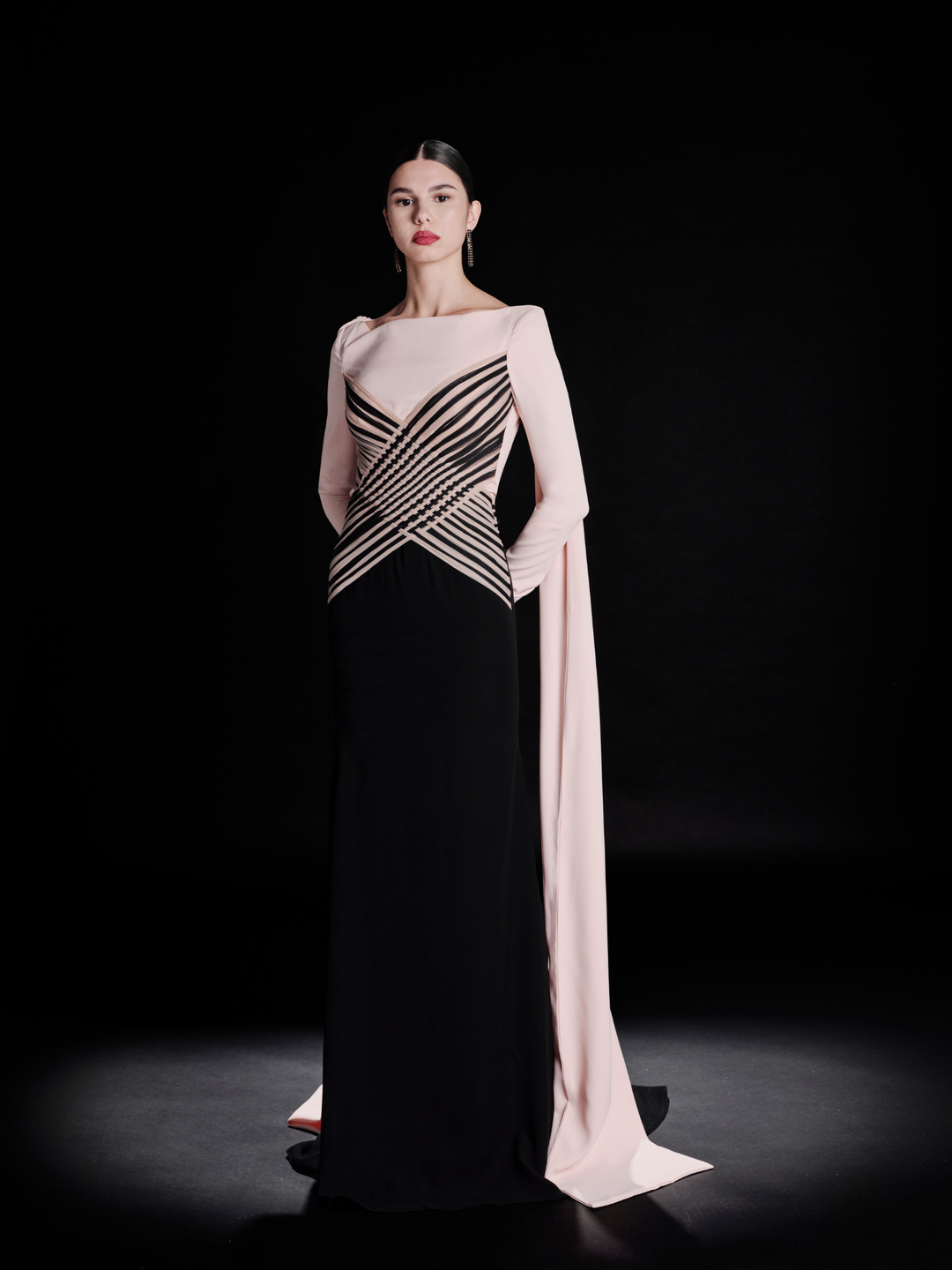 Look 36 – Blush & Black Geometric Corset Gown with Draped Sleeves