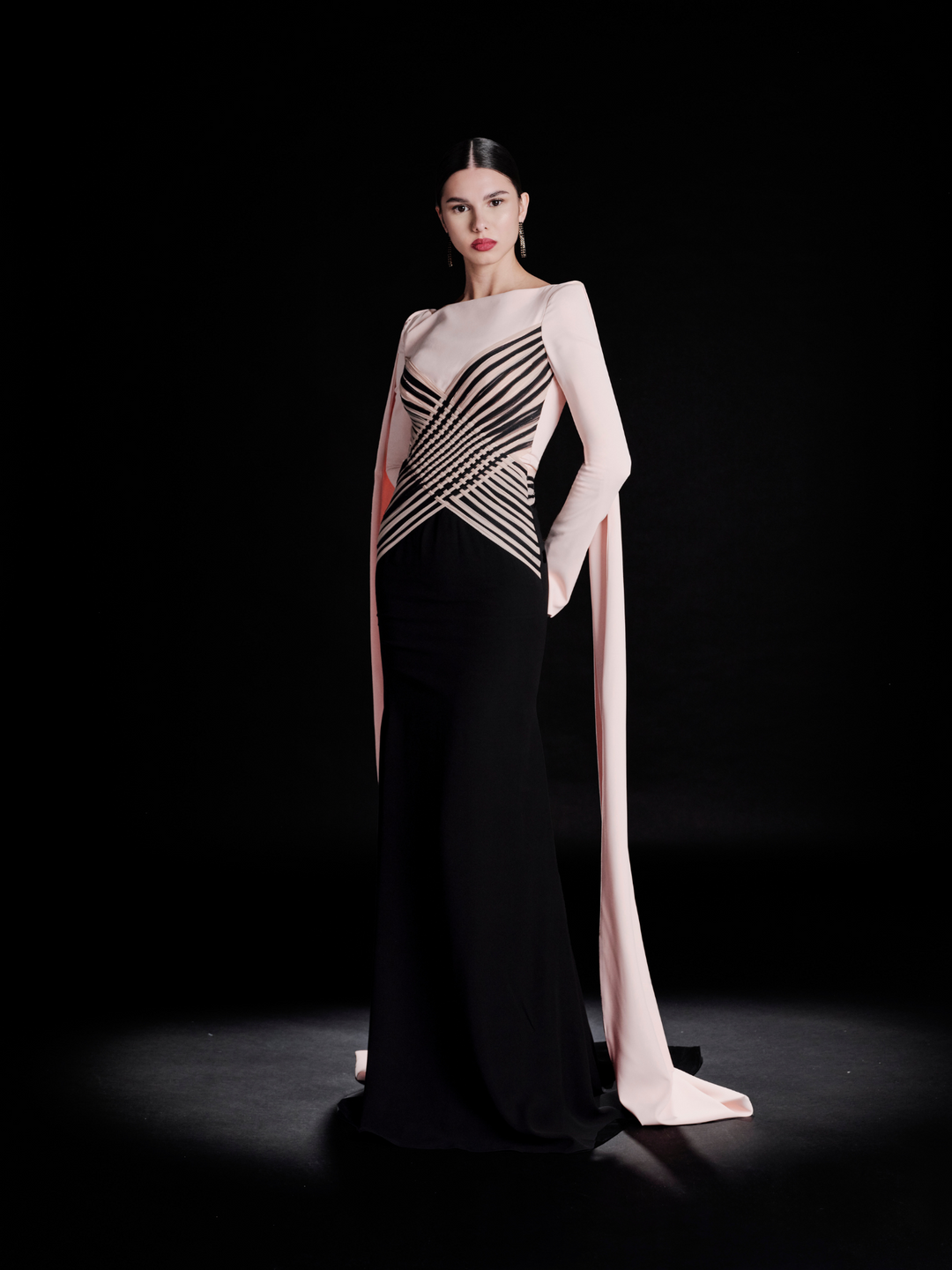 Look 36 – Blush & Black Geometric Corset Gown with Draped Sleeves