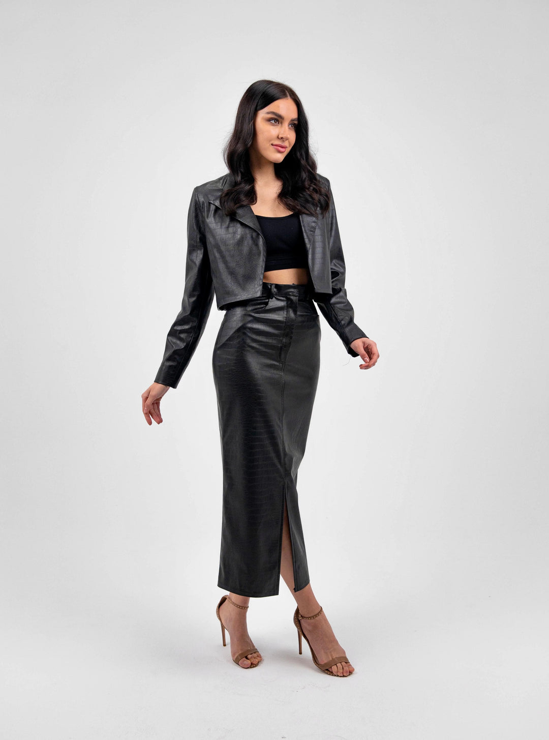 CROPPED FAUX LEATHER NATURAL BLAZER